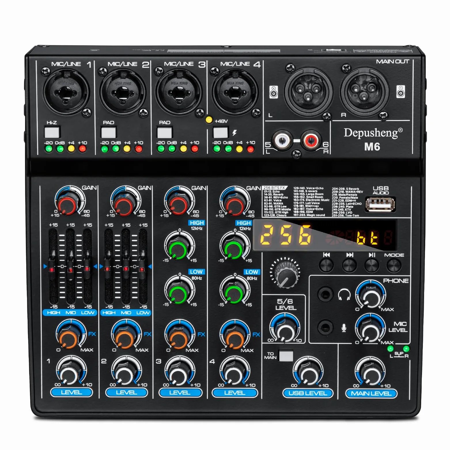 Depusheng M6 Mixer DJ a 6 canali console di miscelazione portatile Bluetooth MP3 256 effetti digitali integrati interfaccia USB per la registrazione del computer streaming live podcasting