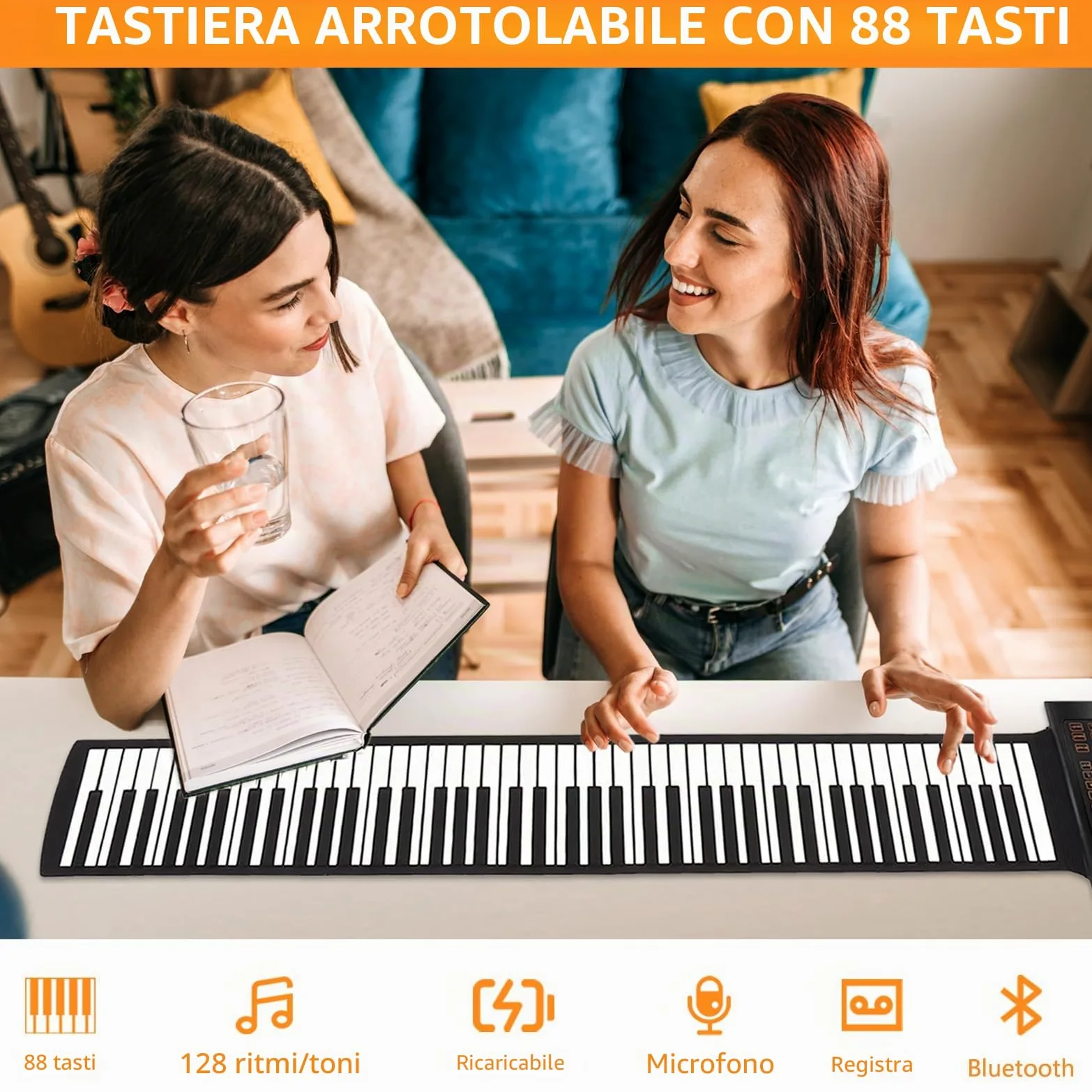 88 Tasti Tastiera Pianoforte Arrotolabile, Pianoforte Elettronico Portatile con 128 Ritmi Toni, 20 Demo, Funzione MIDI,Ricaricabile Rollup Pianoforte Pieghevole per Bambini Principianti Adulti