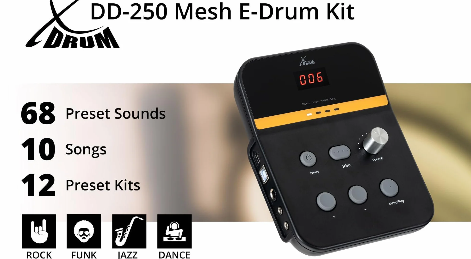 XDrum DD-250 E-Drum Set con Mesh Heads - Batteria elettronica con 4 pad mesh head, 3 pad piatti, controller a pedale Kick & Snare, rack e bacchette - 12 preset kit con 68 suoni e 10 brani playalong