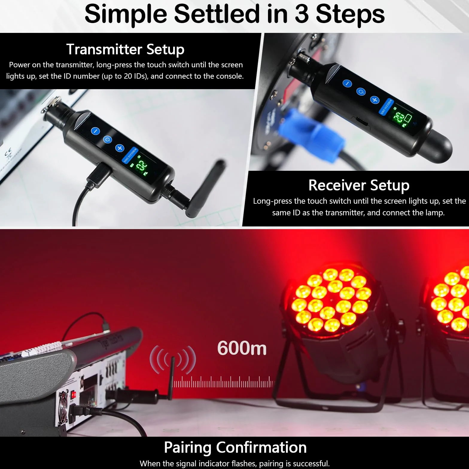Kit controller DMX wireless TECKZOON con custodia, trasmettitore DMX512 e 3 ricevitori, autonomia fino a 20 ore, controllo touch, sistema di controllo luci DMX wireless per illuminazione scenica