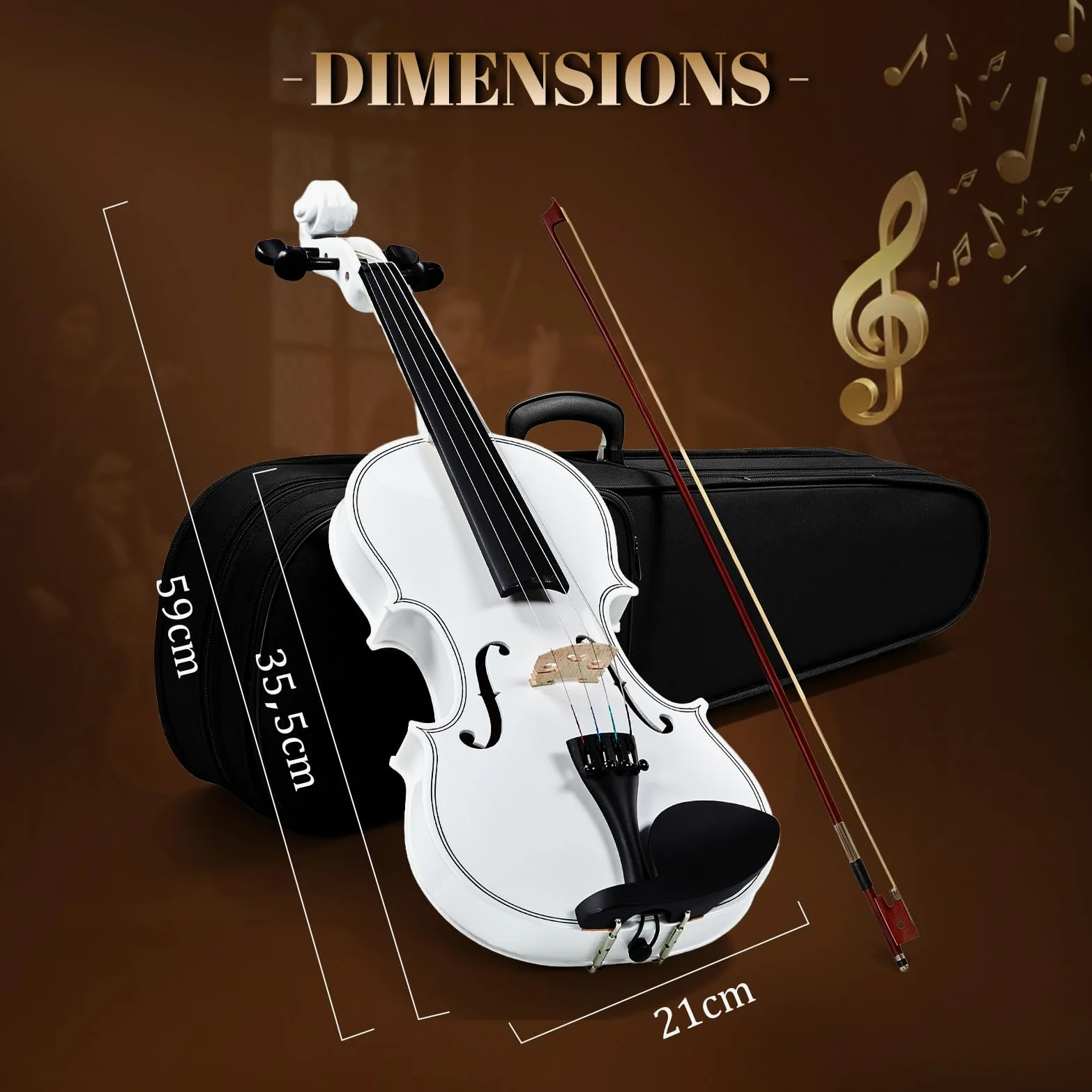 Bonnlo Violino per Bambini e Principianti, Misure 1/4, 1/2, 3/4 e 4/4, Violino in Legno Compensato di Tiglio con Acro in Legno Rosso, Astuccio, Colofonia e Mentoniera, 4/4, Bianco
