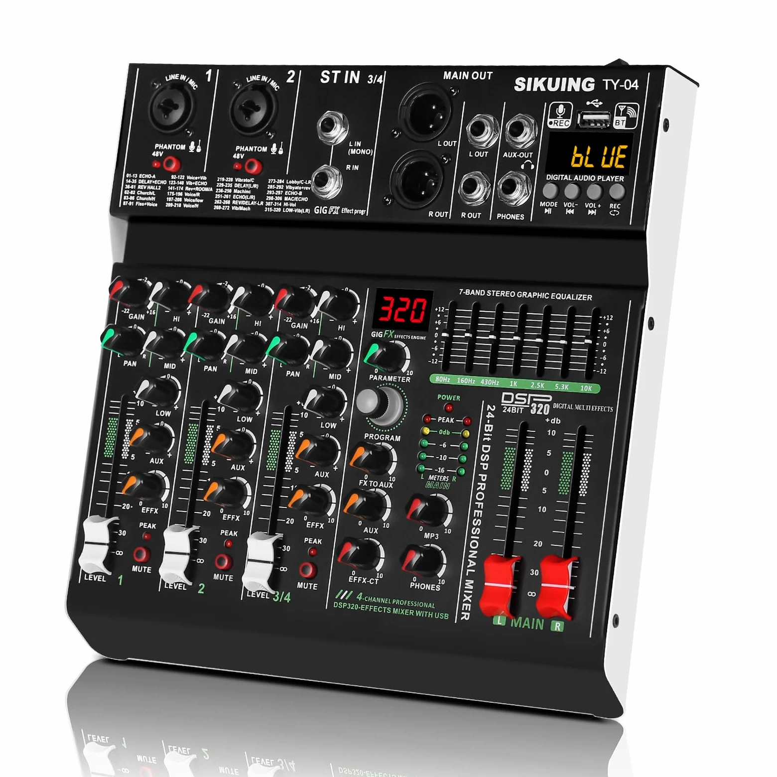 Mixer portatile a 4 canali, mixer audio professionale, 320 effetti DSP + equalizzatore a 7 bande, scheda audio Bluetooth + interfaccia USB, ideale per registrazioni PC, effetti karaoke studio e