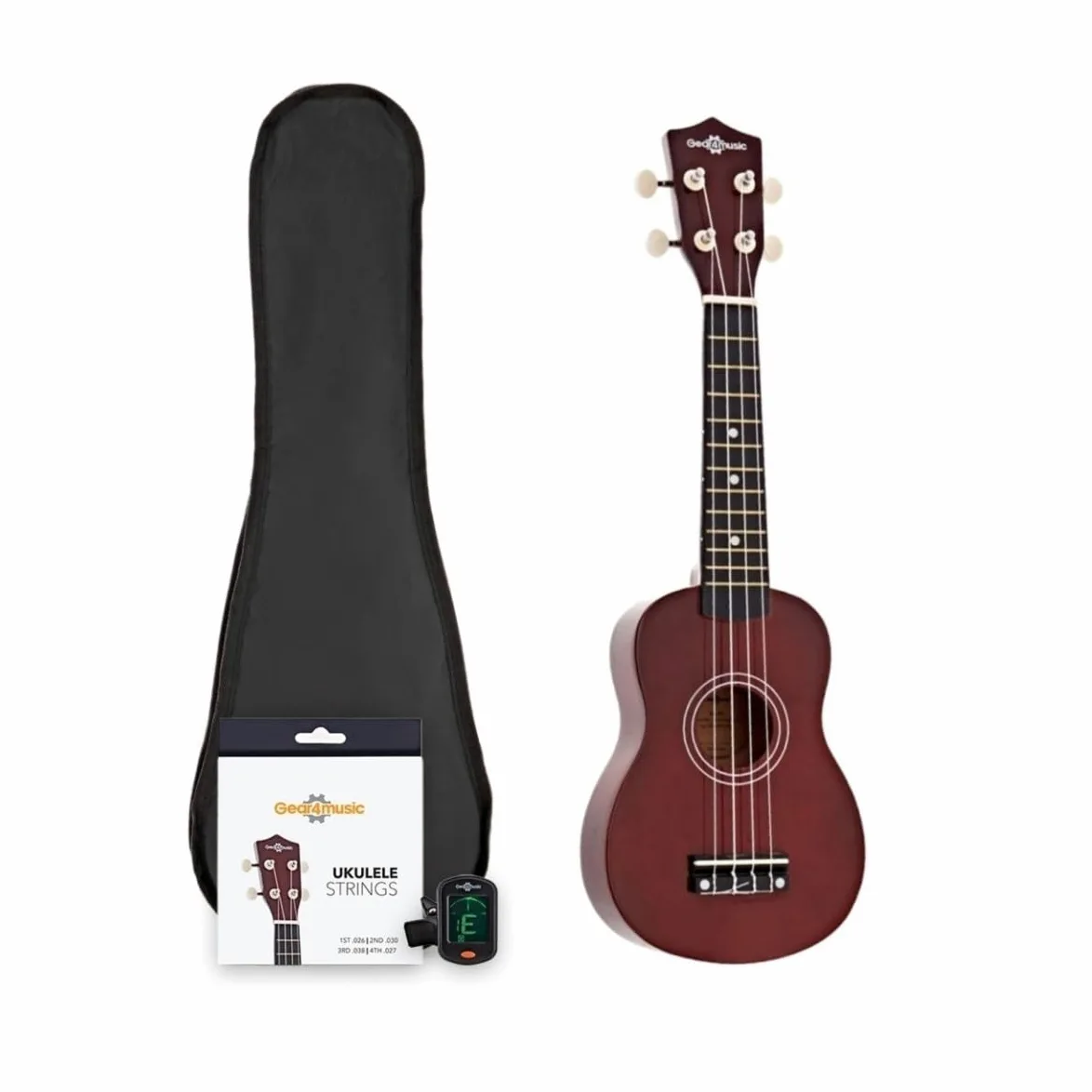 Pack Ukulele Soprano di Gear4music, Accordatore, Custodia e Corde | Tono Classico di Ukulele Soprano, Corpo Durevole in Tiglio, Manico Acero Ebanizzato, Compatto per Viaggiare, Custodia