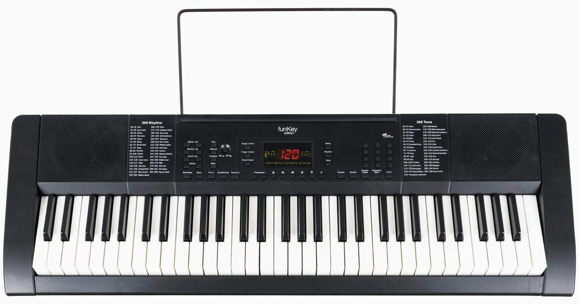 FunKey 61 Edition Nero, 300 suoni, 300 ritmi, 40 brani demo, Metronomo | Sustain, vibrato, double voice, trasposizione, split tastiera, intro/ending, drum, Funzione di registrazione, Uscita cuffie