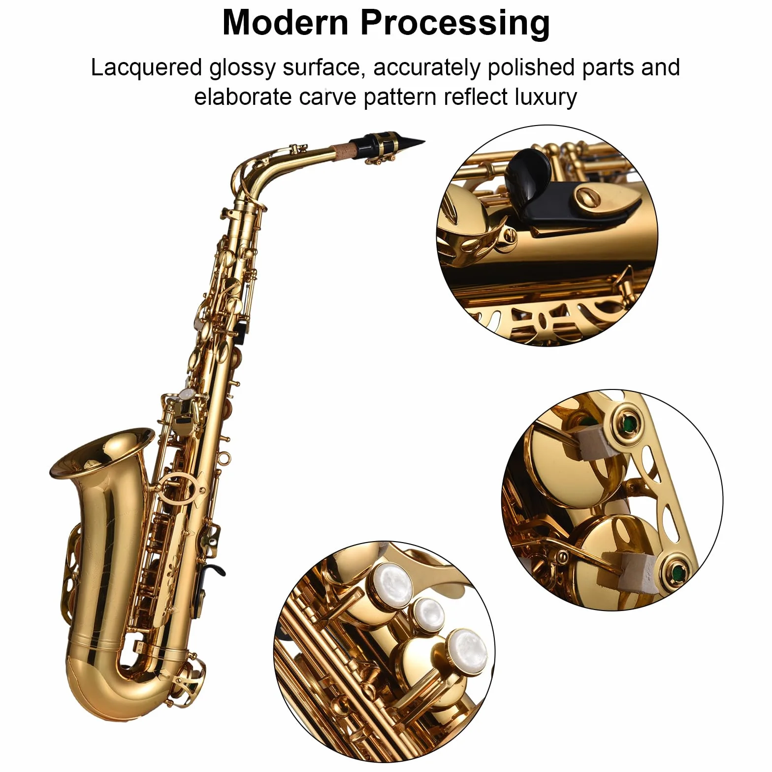 Sax alto,Sassofono contralto Mib Ottone laccato Sax contralto Strumento a fiato con custodia per il trasporto Guanti Cinghie Panno e spazzola per pulizia Ance mute per sassofono Cuscinetto per