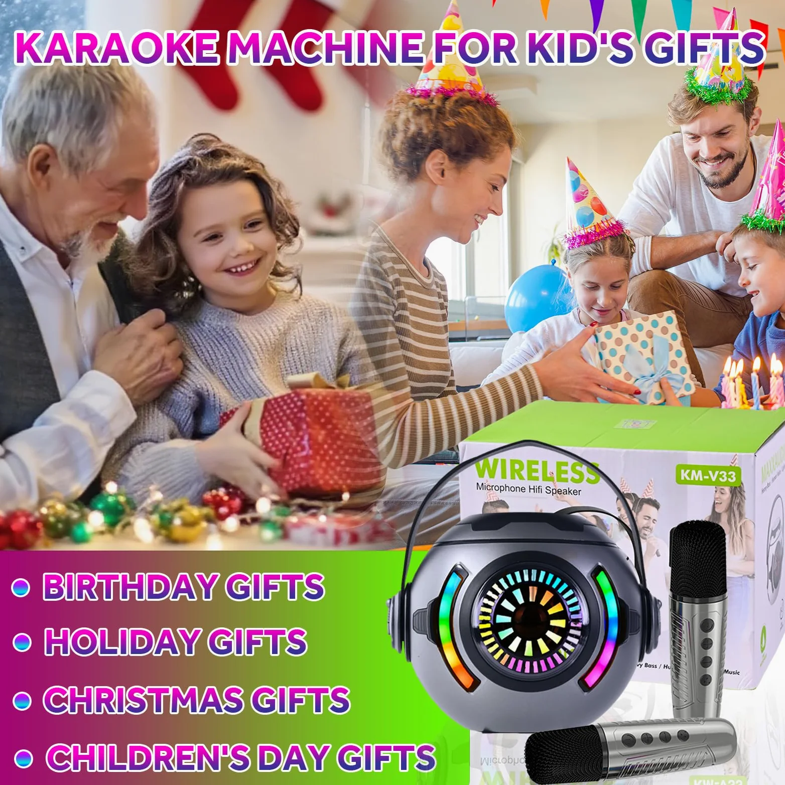 Karaoke Machine 2 microfoni, microfono wireless Bluetooth portatile per bambini, per bambini dai 4 ai 12 anni, regali per ragazzi e ragazze 4, 5, 6, 7, 8, 9, 10, 11 e 12 anni