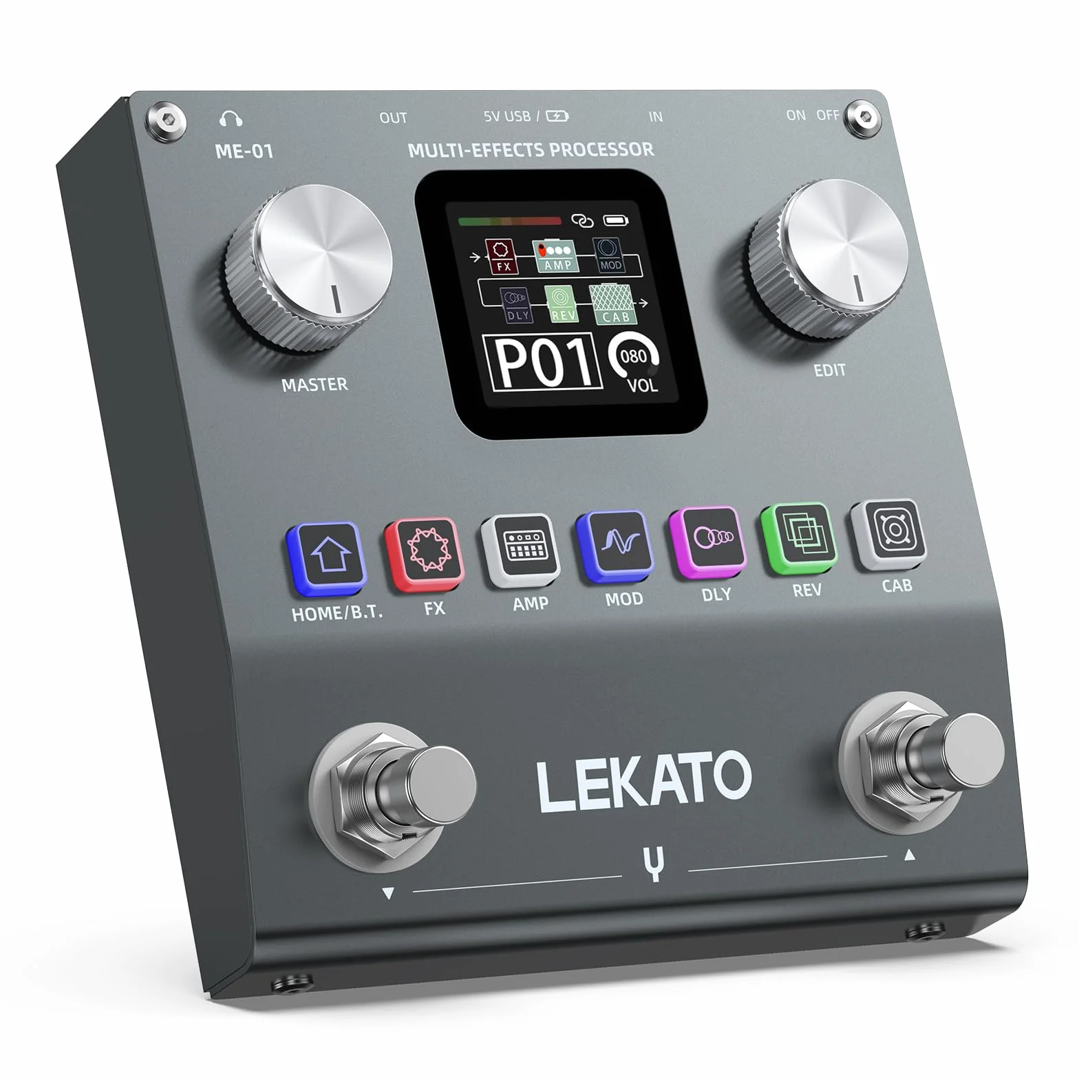 LEKATO Pedale Multi-Effetti per Chitarra, Processore di Effetti per Basso Ricaricabile con 6 Moduli Effetti, 80 Preset Editabili, Modifica APP, Caricamento IR, Registrazione OTG, Funzione BT