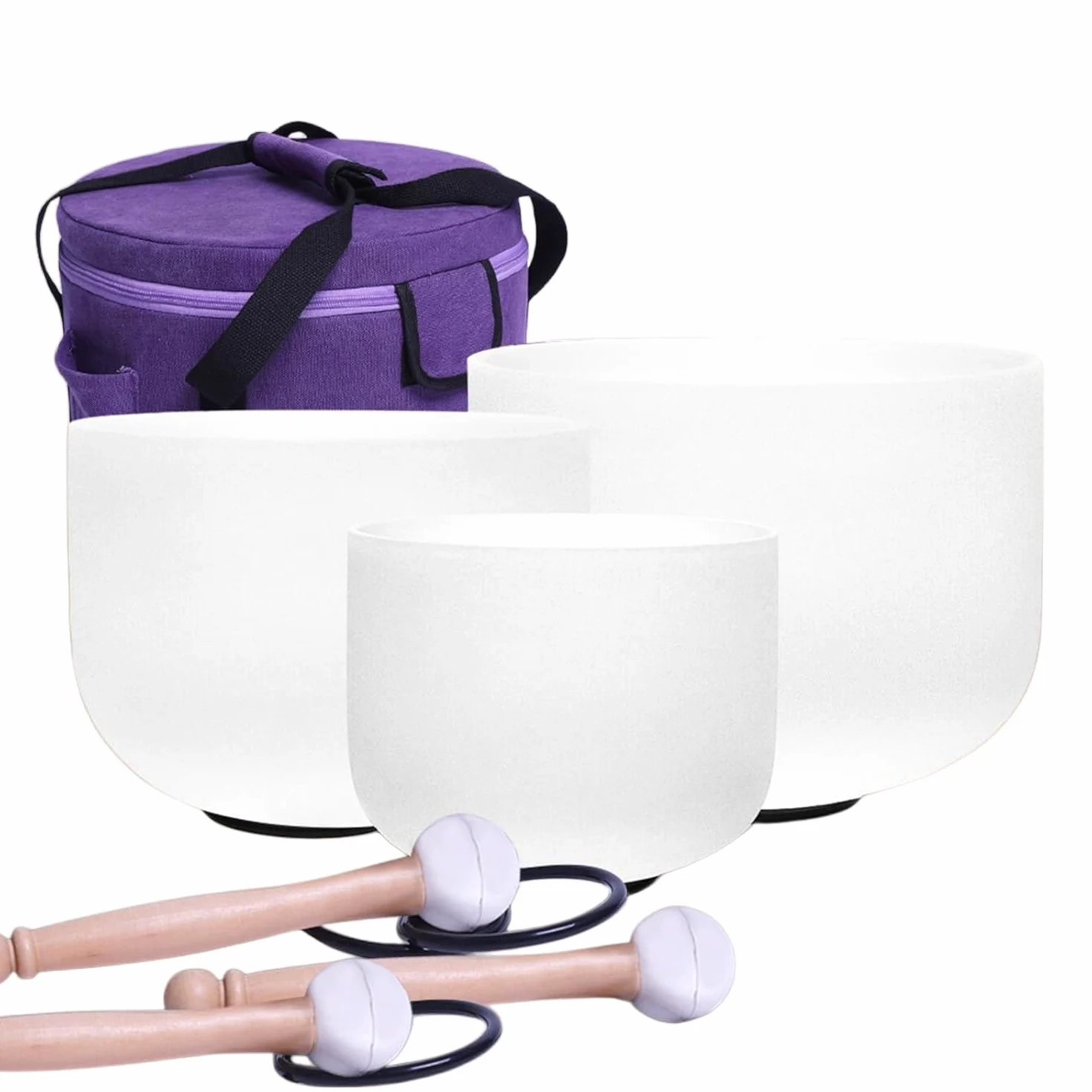 Energysoun - Set di 3 campane tibetane in cristallo di quarzo satinato, 432 Hz, 28 cm, F, 17,8 cm, B, con custodia in tela