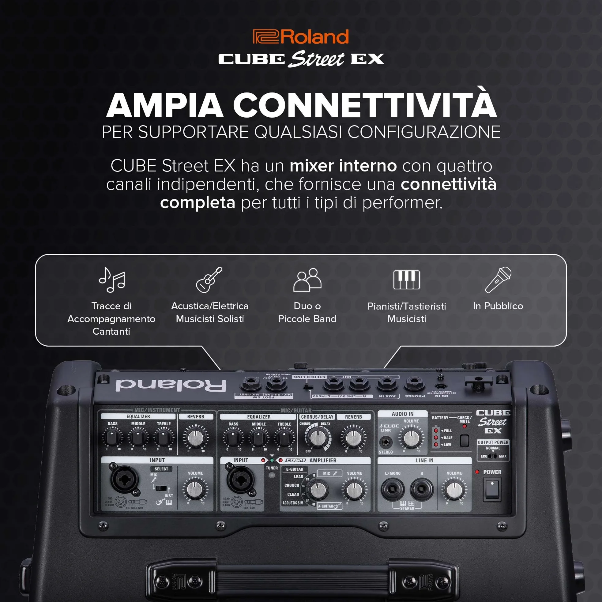 Roland CUBE Street EX | Amplificatore stereo da 50W alimentato a batteria | Suono definito e dinamico | Ideale per le performance all'aperto | Supporta microfoni, strumenti & dispositivi audio