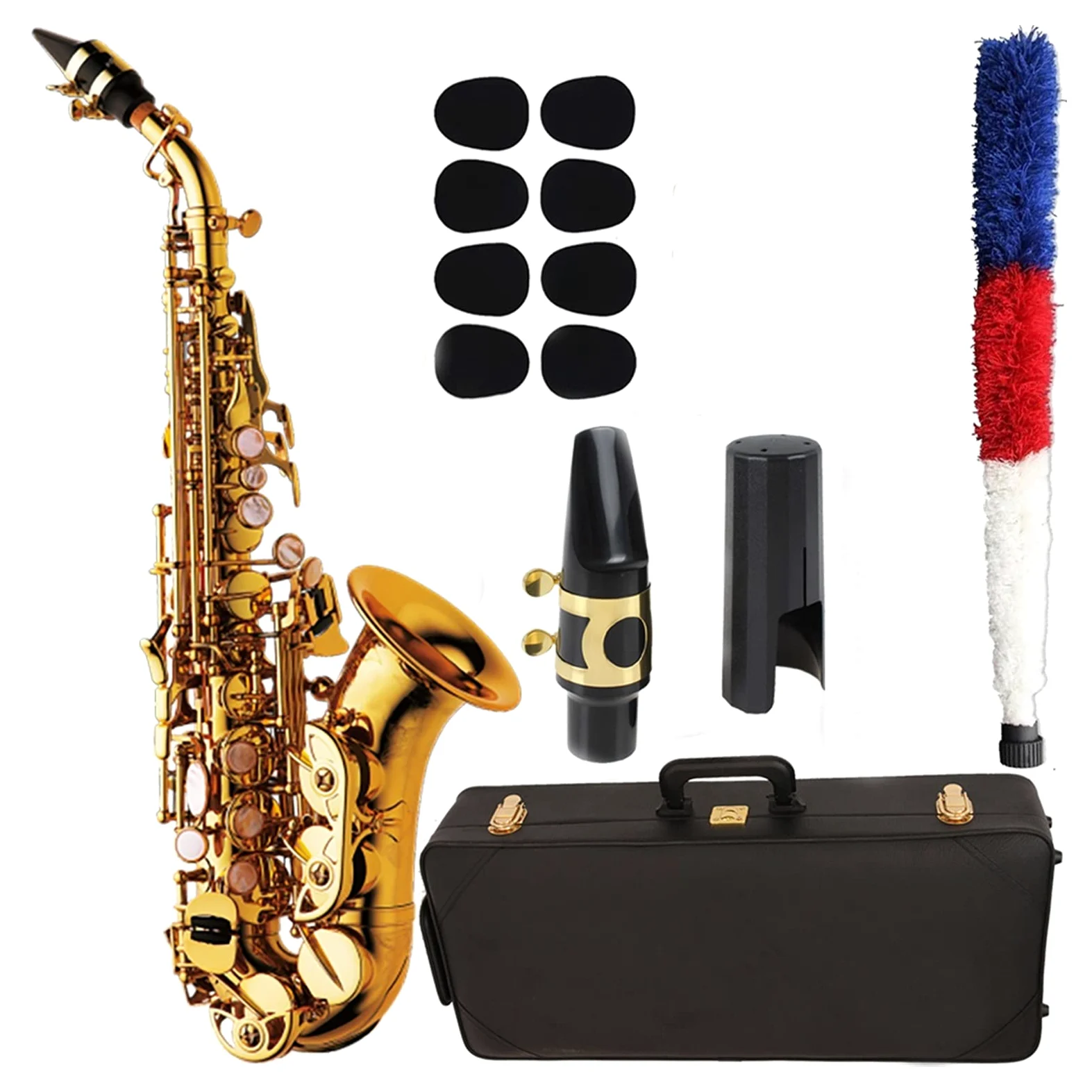 Set di Sassofono Laccato in Oro Curvo Soprano Sax Bocchino Reeds Collo Accessori per Strumenti Musicali Studente di sassofoni