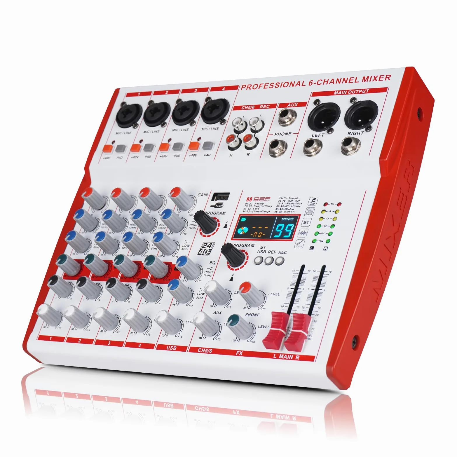 MW-6 Bianco - Console audio DJ professionale a 6 canali, mixer controller portatile con DSP 99 effetti preimpostati per live streaming, podcasting, feste familiari, registrazione musicale