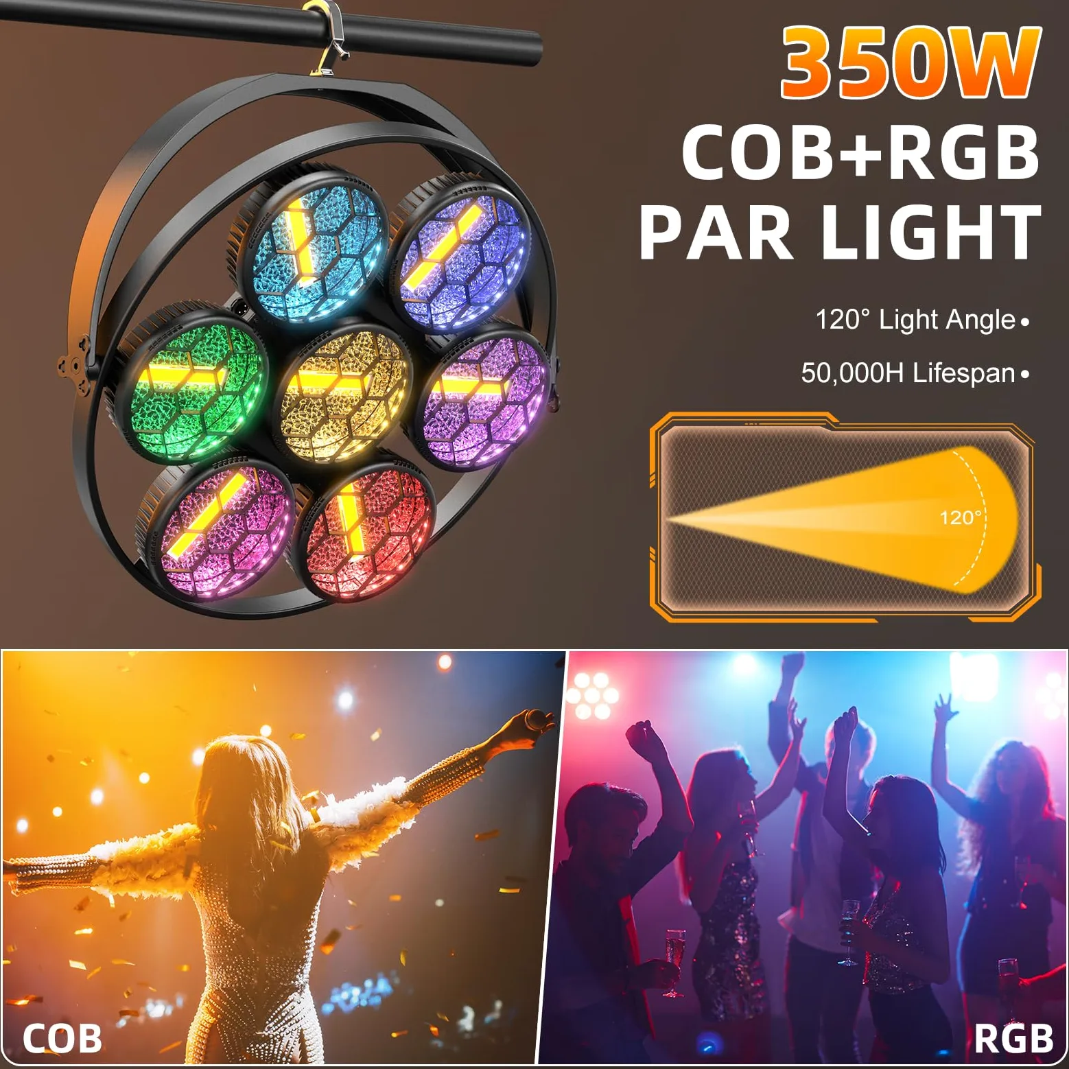 350W Par LED Scenico Lineare Vintage,7 LEDs COB Luce Calda + 189 LEDs RGB,Proiettore Luci da Palco Controllo DMX512,Illuminazione Discoteca per Feste Bar DJ Matrimonio Concerti Halloween Natale,2PCS