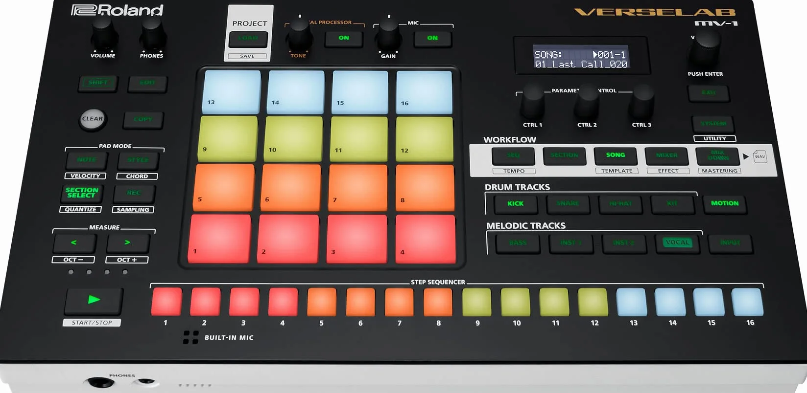 Studio di Produzione Musicale Professionale Roland VERSELAB MV-1 ZEN-Core per Compositori e Cantanti. 4x4 pad e Step Sequencer TR-REC per la batteria, le linee di basso e le parti melodiche