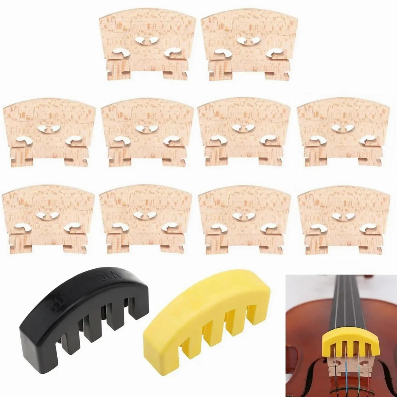 10 ponti per violino in acero 4/4 con 2 pezzi di sordina per violino e set di silenziatori per corde di violino