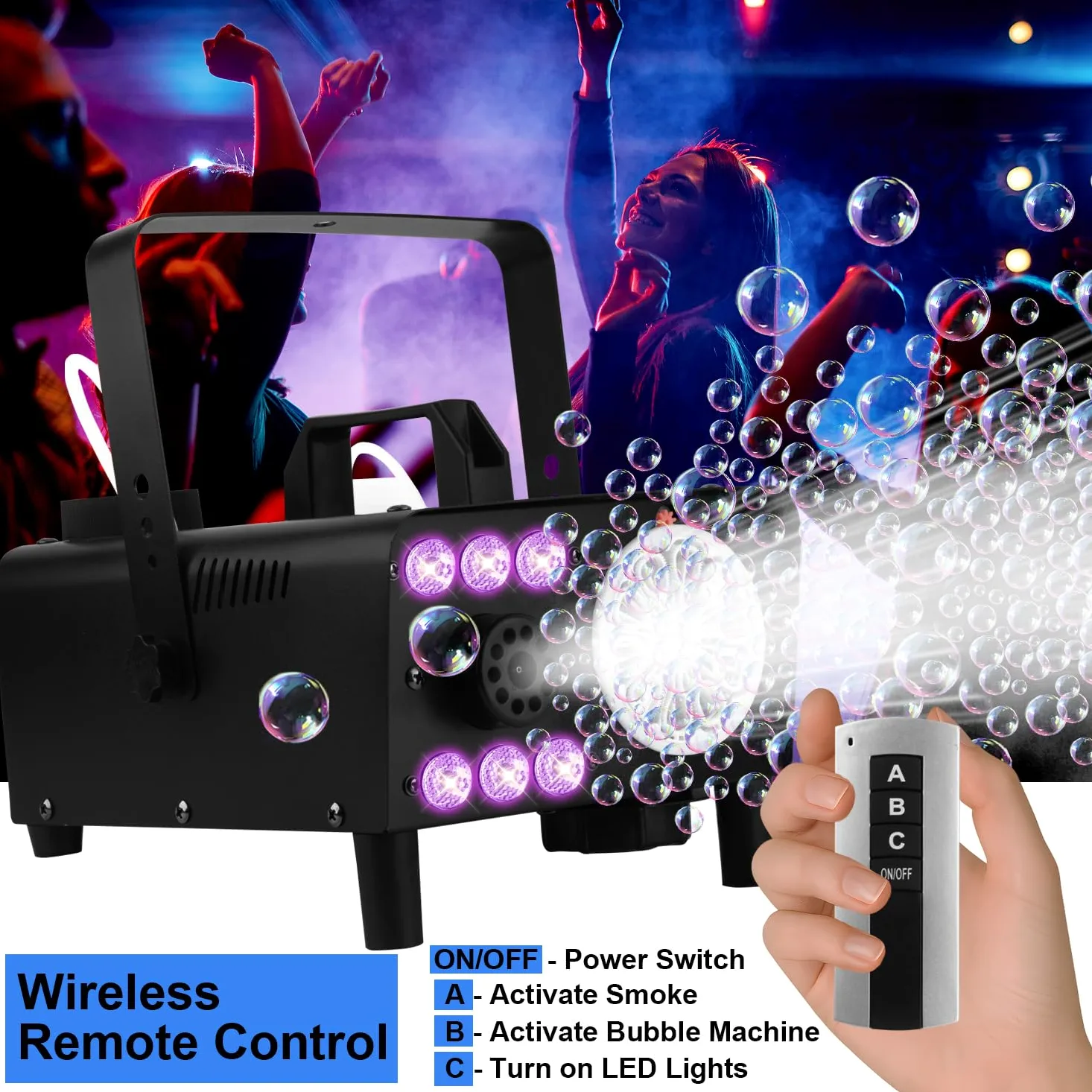 Macchina per bolle di fumo 3 in 1 con luci a LED e telecomando wireless, soffiatore per bolle, illuminazione RGB per feste, matrimoni, Halloween, Natale