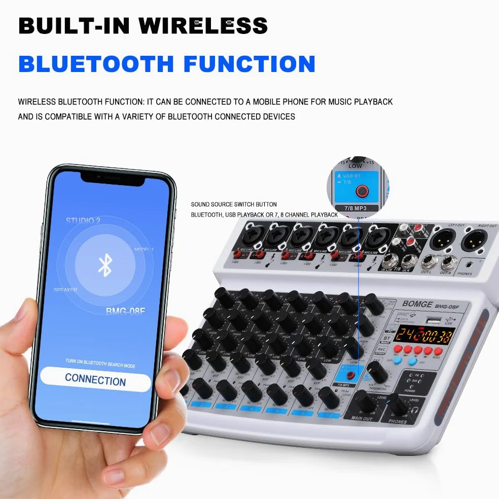 BOMGE 8 channel mini audio mixer Line Mixer ，DC 5V，with MP3 Player,Bluetooth, U disk 48V,24DSP effects, USB recording Ideal for Small Clubs or Bars, Studio Recording (8 channels-WHITE)