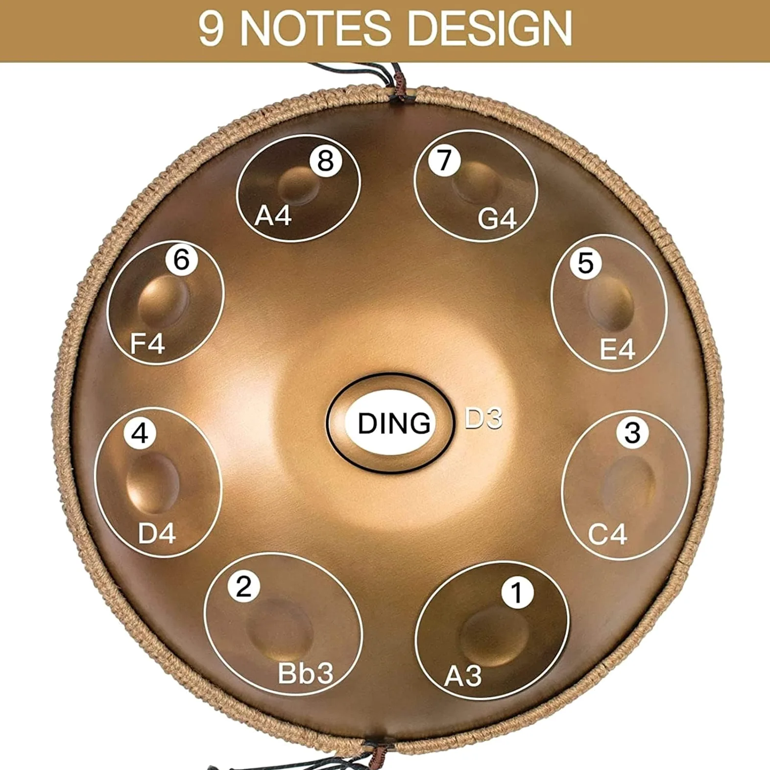 Tamburo in acciaio 432 Hz 9 note 22 pollici "Gold Performer" in re minore con supporto Handpan e custodia