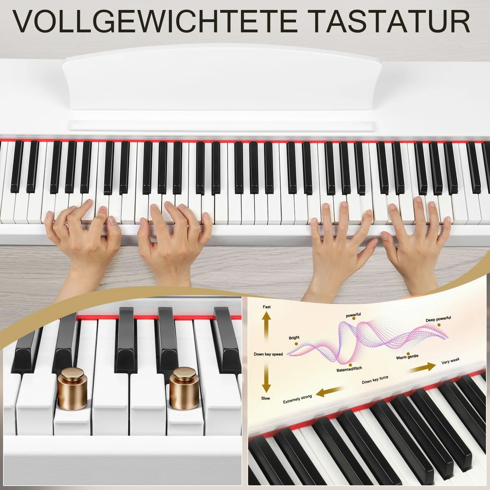 LALAHO E-Piano, pianoforte digitale a 88 tasti, per principianti, tastiera con 3 pedali, supporto a quattro zampe, doppio Bluetooth, altoparlante stereo, bianco