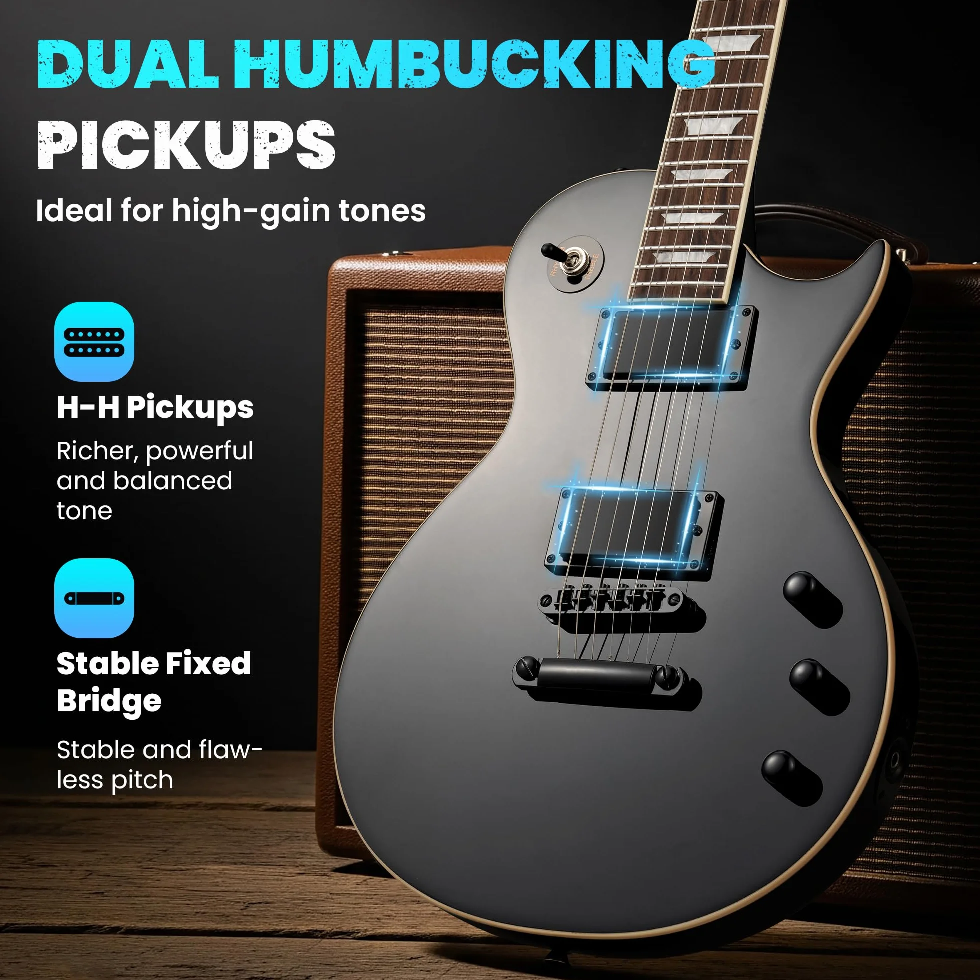 CAHAYA LP Kit Chitarra Elettrica: Chitarra 39" Full Size per Principianti con Corpo in Okoume Massiccio, 2 Pickup Humbucker, Manico in Acero, Borsa, Tracolla, Cavo per Adulti e Ragazzi - Nero