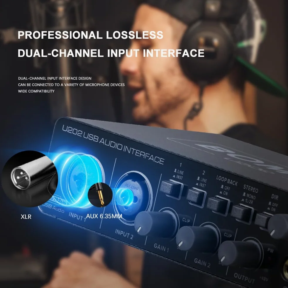 BOMGE U202 Interfaccia Audio USB con Preamplificatore Microfono Porte XLR/TSR/TS, 48V, Risoluzione 32-Bit/192kHz per Registrazione su Computer, Streaming, Podcasting
