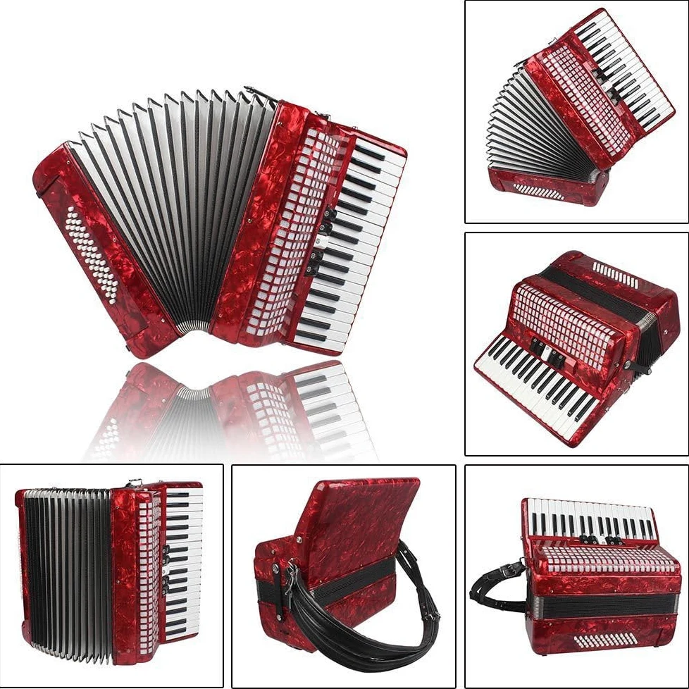 Fisarmonica in acero a 34 tasti e 48 bassi, corpo in xilofono solido, soffietto in pelle di agnello, vernice spray rossa for pianoforte, adatta a principianti e professionisti, inclusa borsa e imbraca