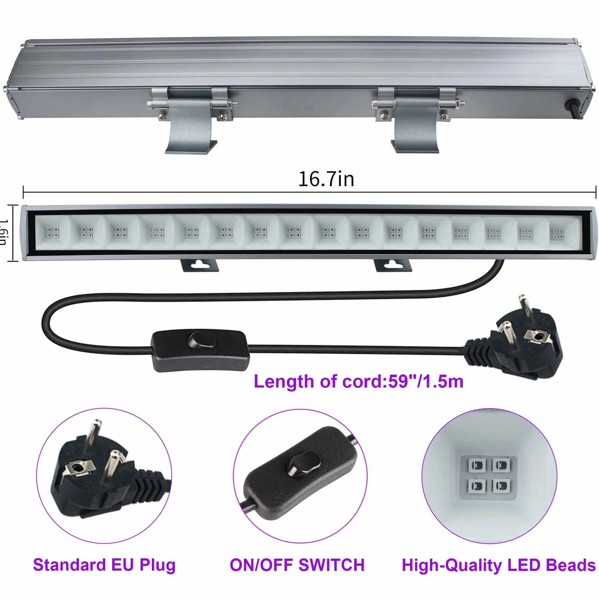 Eleganted Luce UV LED 36W, 64 LEDs Luce Nera Barra a LED Lampada Ultravioletta con 1.5m Spina, 395-400nm Black light Effetto Luce IP66 per KTV Bar Club Dsico Illuminazione Halloween