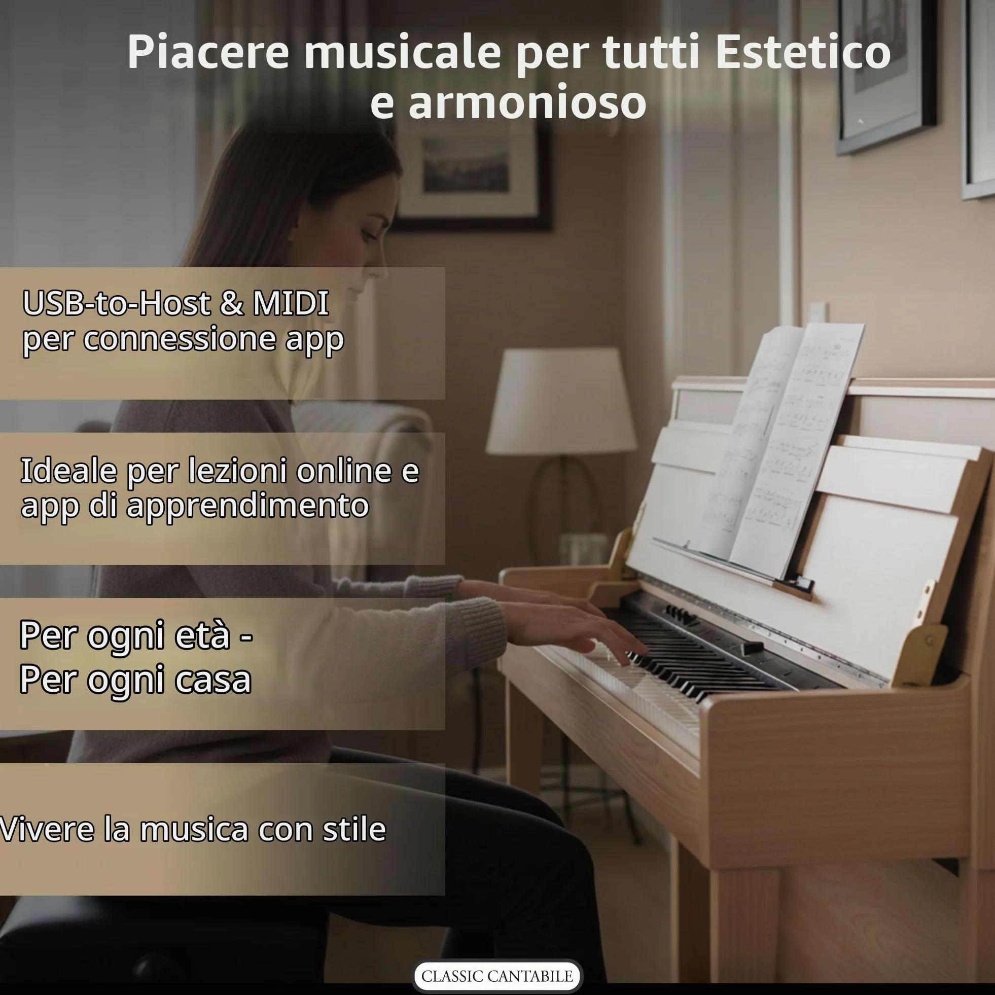 Classic Cantabile UP-1 LA Pianoforte Verticale Digitale - 88 Tastiera pesata - Pianola musicale con USB, MIDI, 256 polifonia, 40 voci - Piano digitale con funzione registrazione Mp3 - Quercia Chiara