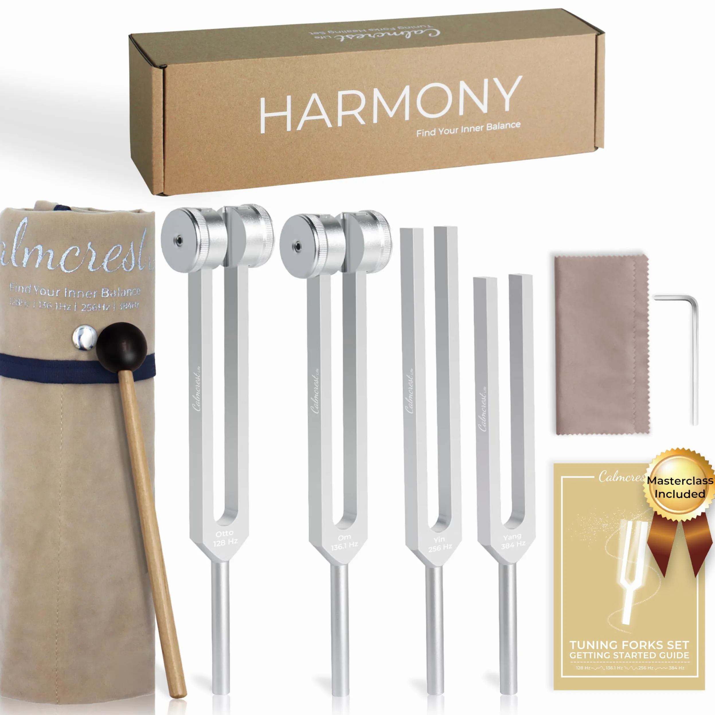 Set di diapason per la guarigione (128 Hz, 136,1 Hz, 256 Hz, 384 Hz) - Forcella di accordatura ponderata e non ponderata con martello in gomma, strumenti per la terapia del suono dei chakra, con