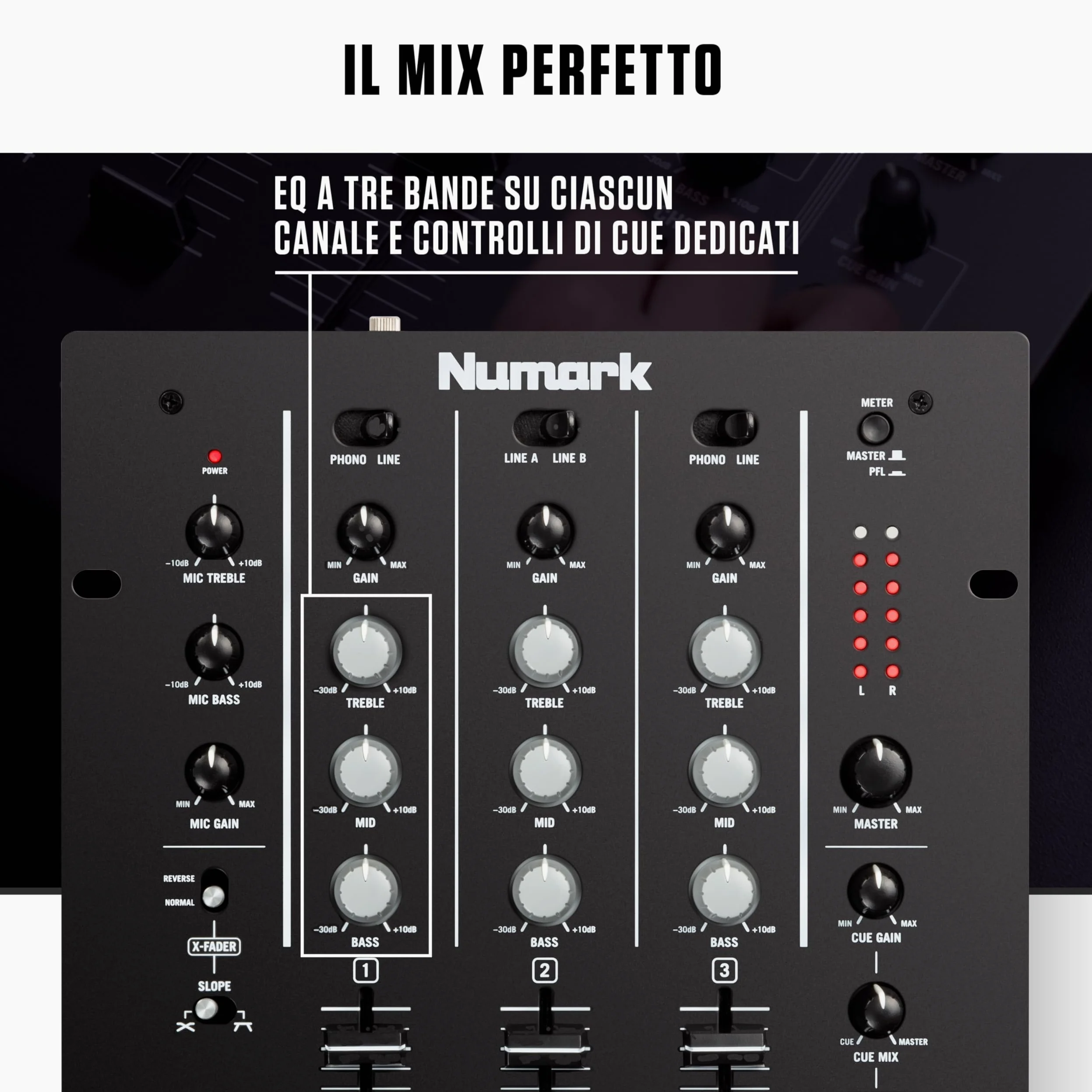 Numark M4 - Mixer Scratch 3 Canali a Rack per DJ con EQ a 3 Bande, Ingresso Microfonico, Crossfader Sostituibile e Controlli Slope e Reverse