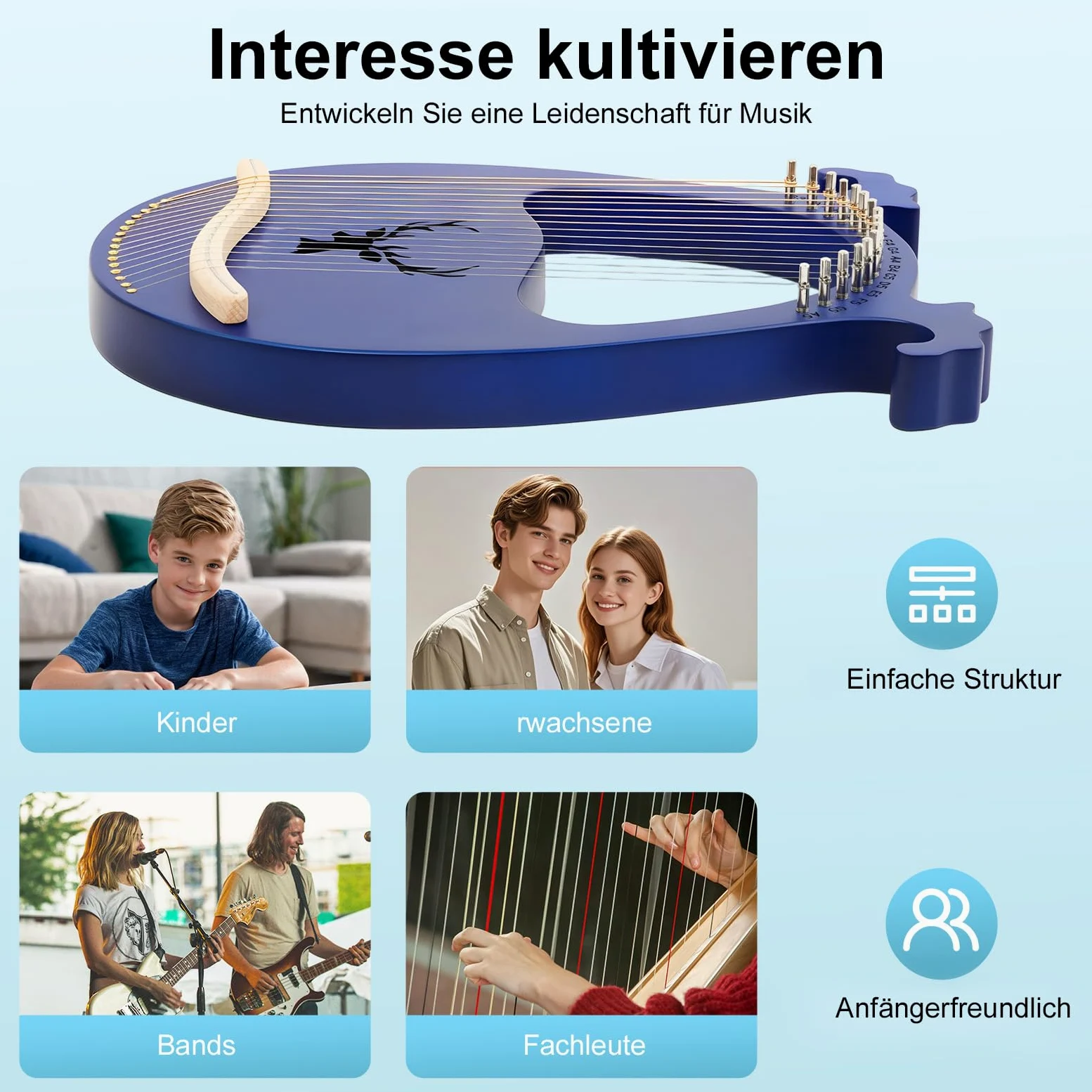Lyre Arpa Strumento Piccola Arpa Lira 16 Corde, Lira Arpa Mogano 16 Corde con chiave a accordo, Eccellente qualità del suono, ideale per bambini e principianti.
