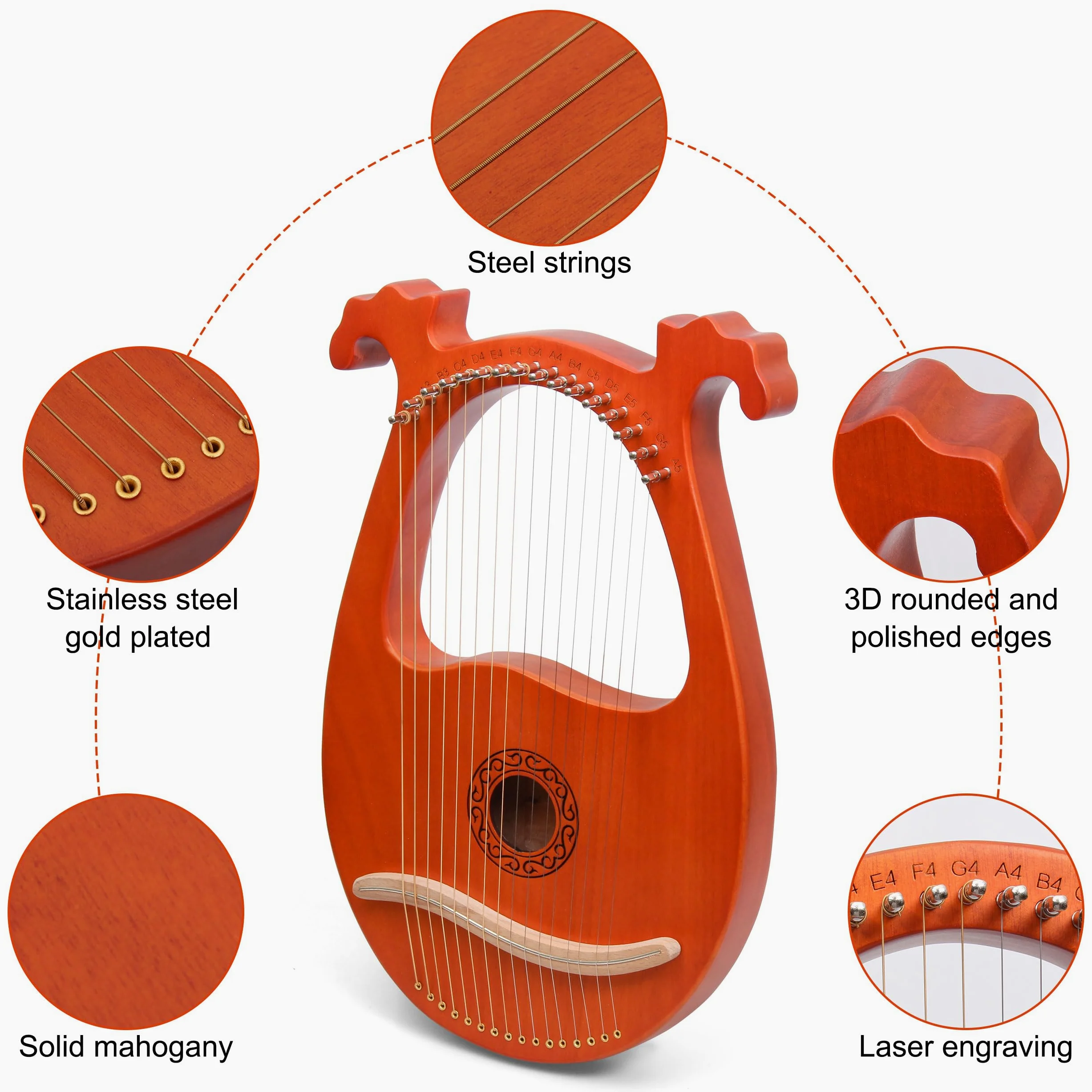 Arpa Lira 16 Corde In Mogano Arpa Piccola Strumento Musicale Lyres Lyre Harp Con Chiave Di Tunning, Tutorial Musicale, Corda di Ricambio, Plettri, Panno di Pulizia, Marrone, Antlered