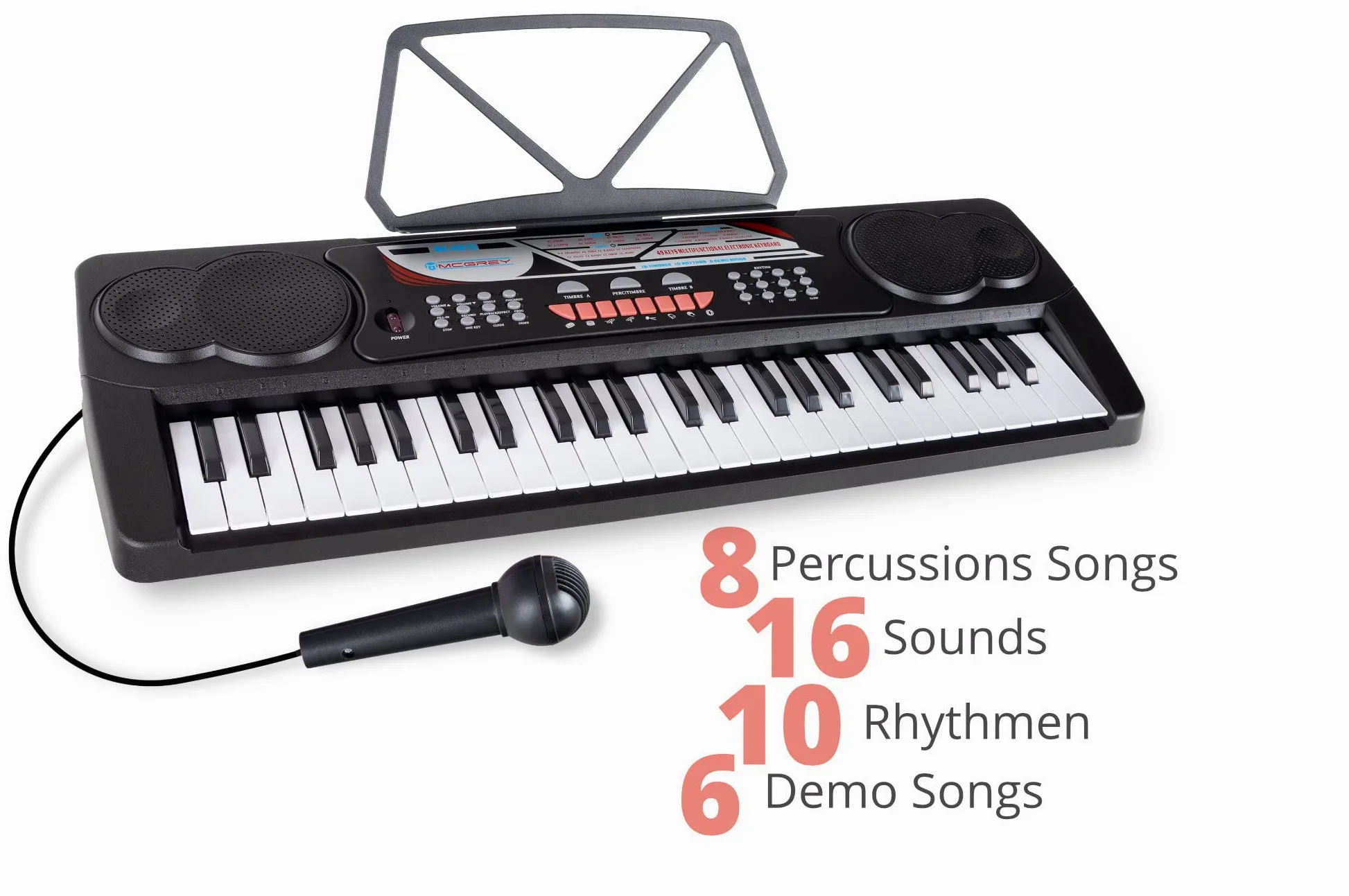 McGrey BK-4910BK Set Keyboard per principianti - 49 tasti, 16 suoni, 10 ritmi, 8 suoni percussivi e 6 demo - incl. microfono, leggio e cuffie - nero