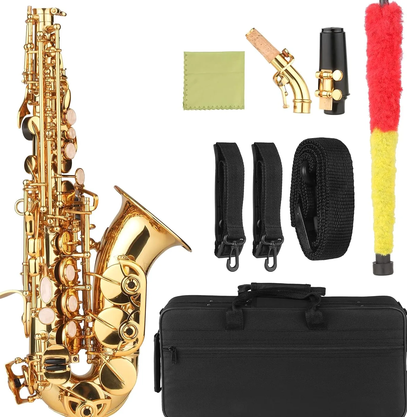 Sassofono, Sassofono Soprano in SIB Lacca Dorata Sax in Ottone con Custodia per Strumento Bocchino Tracolla Panno per Pulizia Spazzola per Musicisti Principianti