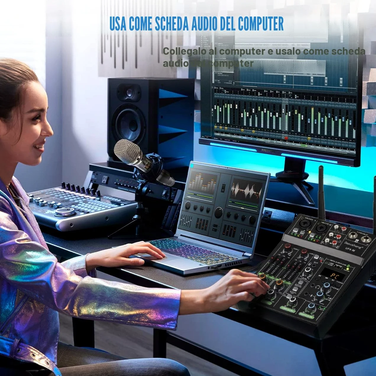 Depusheng UF4-M Studio Audio Sound Mixer Board - 4 canali Bluetooth compatibile Professional Portable Digital DJ Mixing Console con microfono wireless - Mixing Board per la registrazione in studio