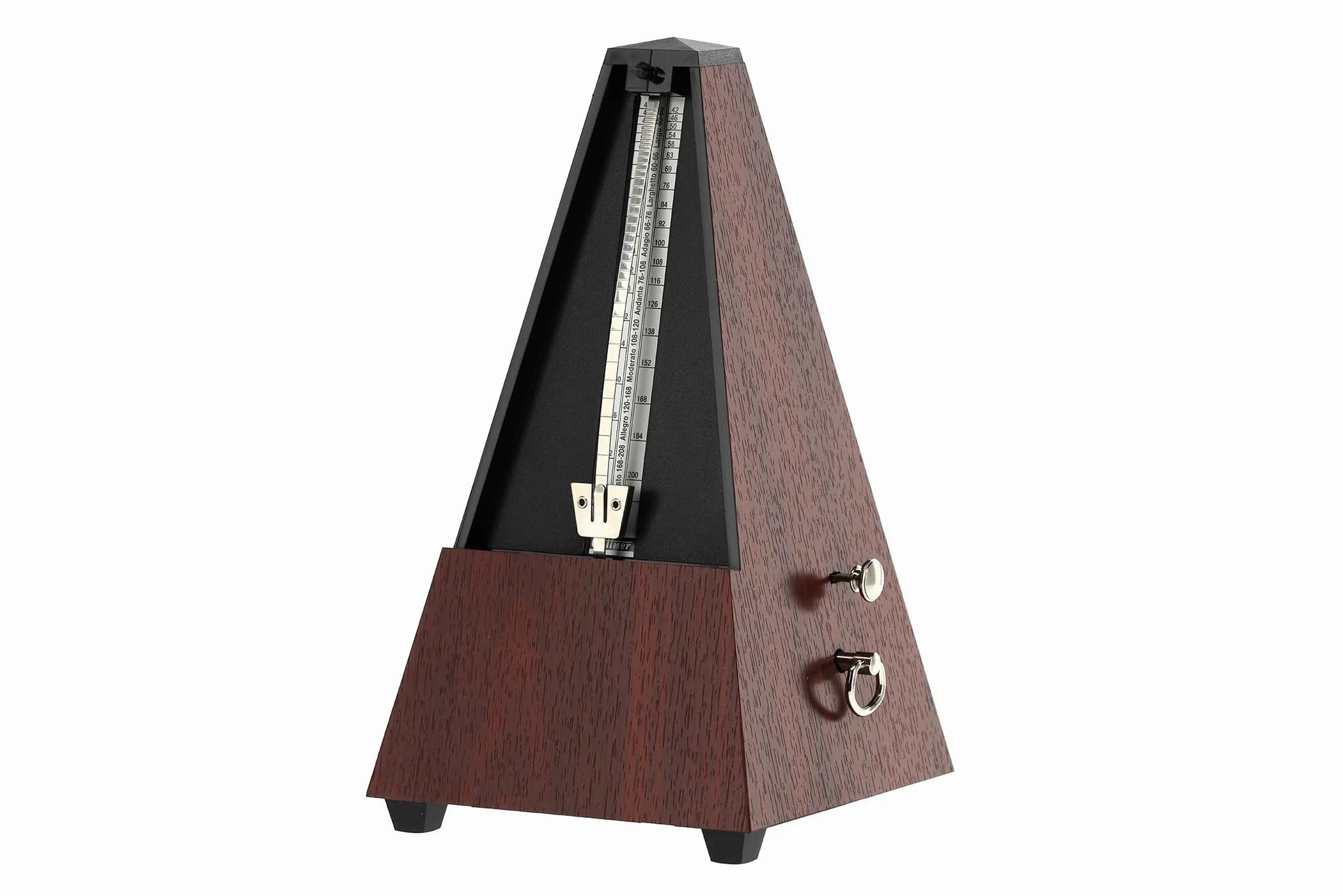 Wittner Metronomo Taktell forma piramidale Sistema Maelzel Serie 802K - Custodia in plastica - Con campana - Con coperchio in plexiglass - Venatura mogano - Non richiede batterie - Made in Germany
