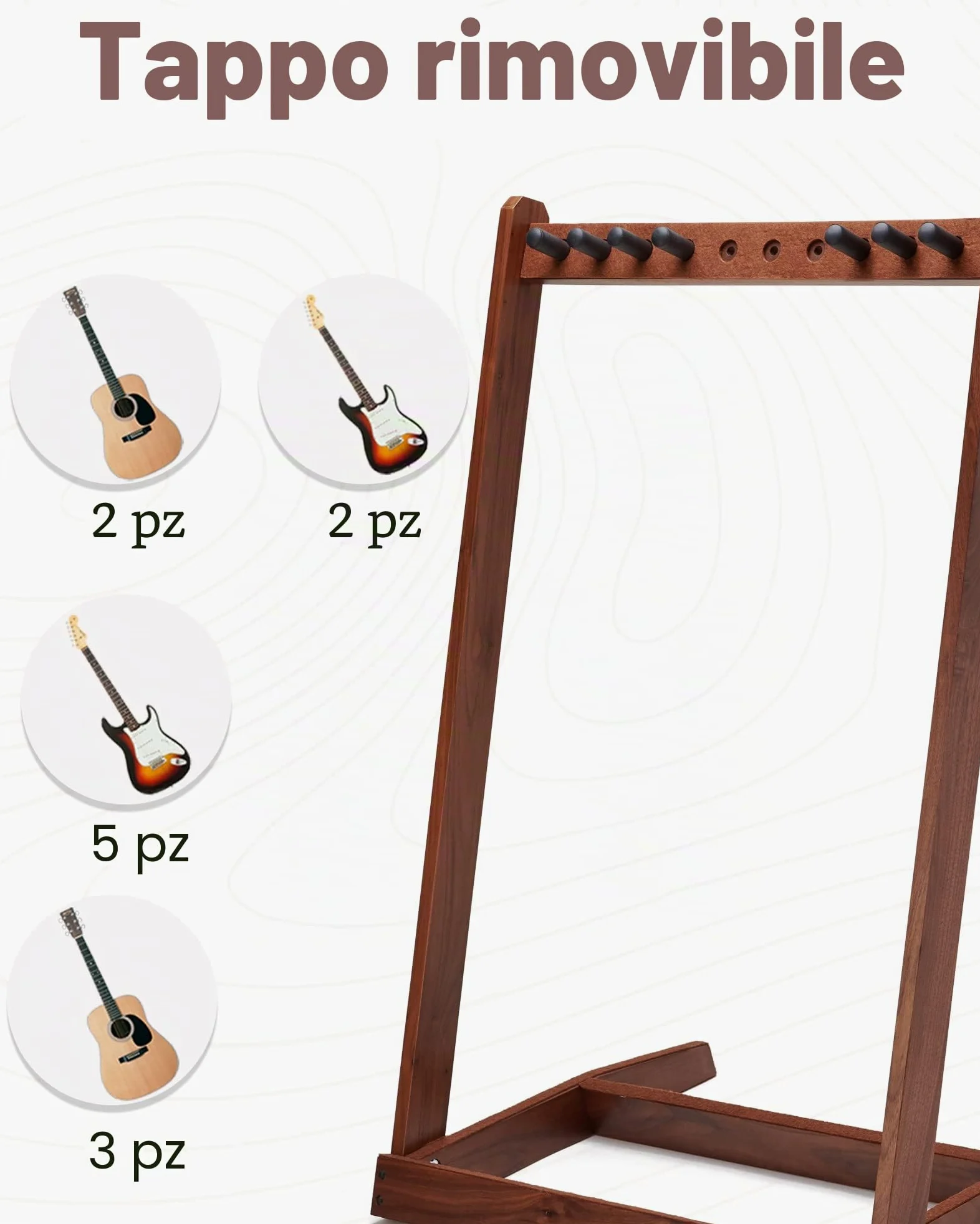 Supporto per chitarra multipla in legno duro (3 chitarre acustiche, 5 elettriche o basse), 5 supporti per chitarra da uomo, pieghevole, da pavimento, per studio e casa