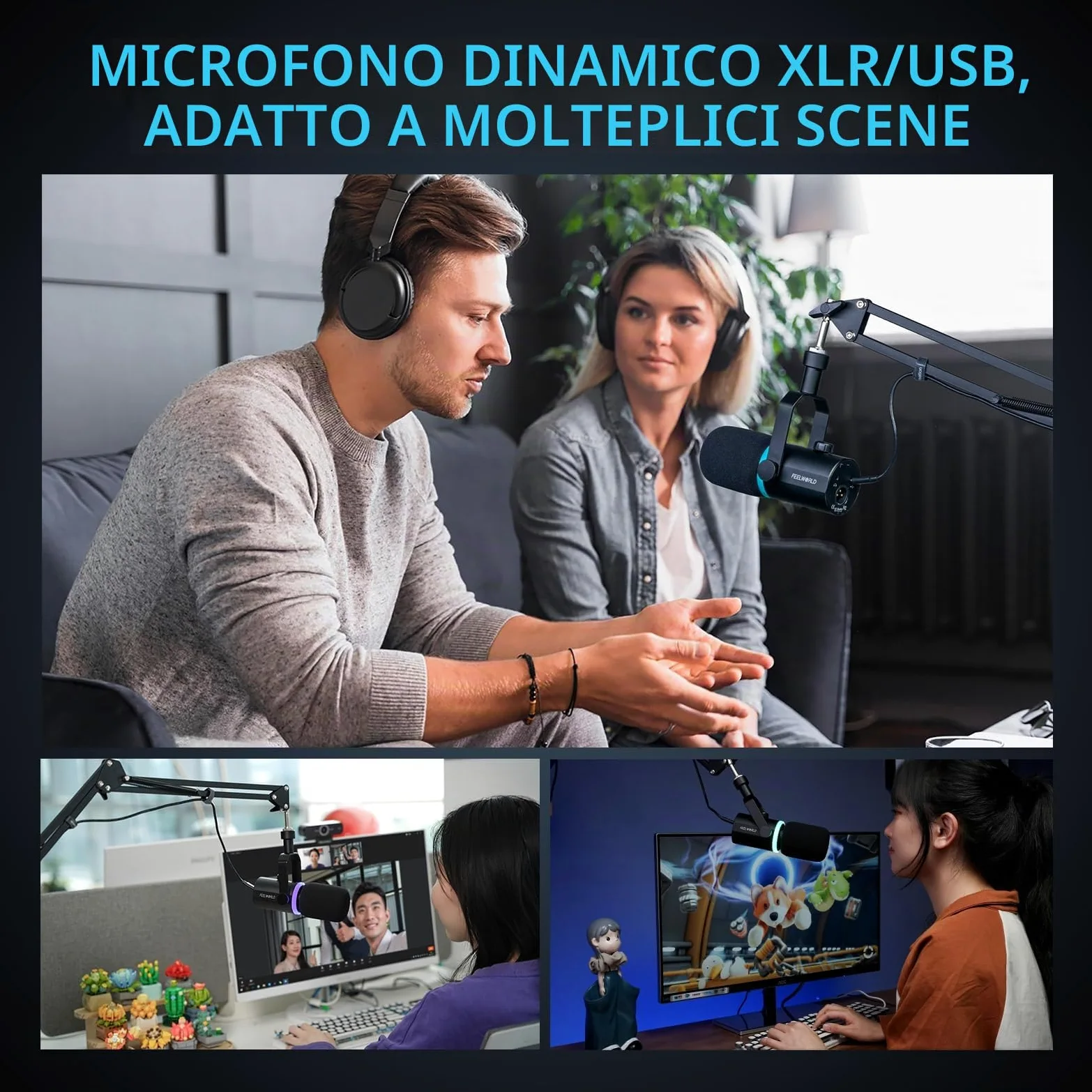 FEELWORLD PM1 - Microfono dinamico XLR USB per podcasting, gaming, live streaming, con cavo XLR e base in metallo