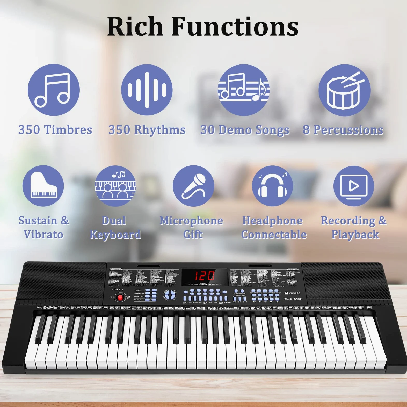 Vangoa Tastiera 61 Tasti, Tastiera Elettronica Luminosa, Tastiera Elettronica Musicale Per Principianti, 3 Modalità Di Insegnamento, 350 Toni, 350 Ritmi, 30 Brani Dimostrativi, Nero