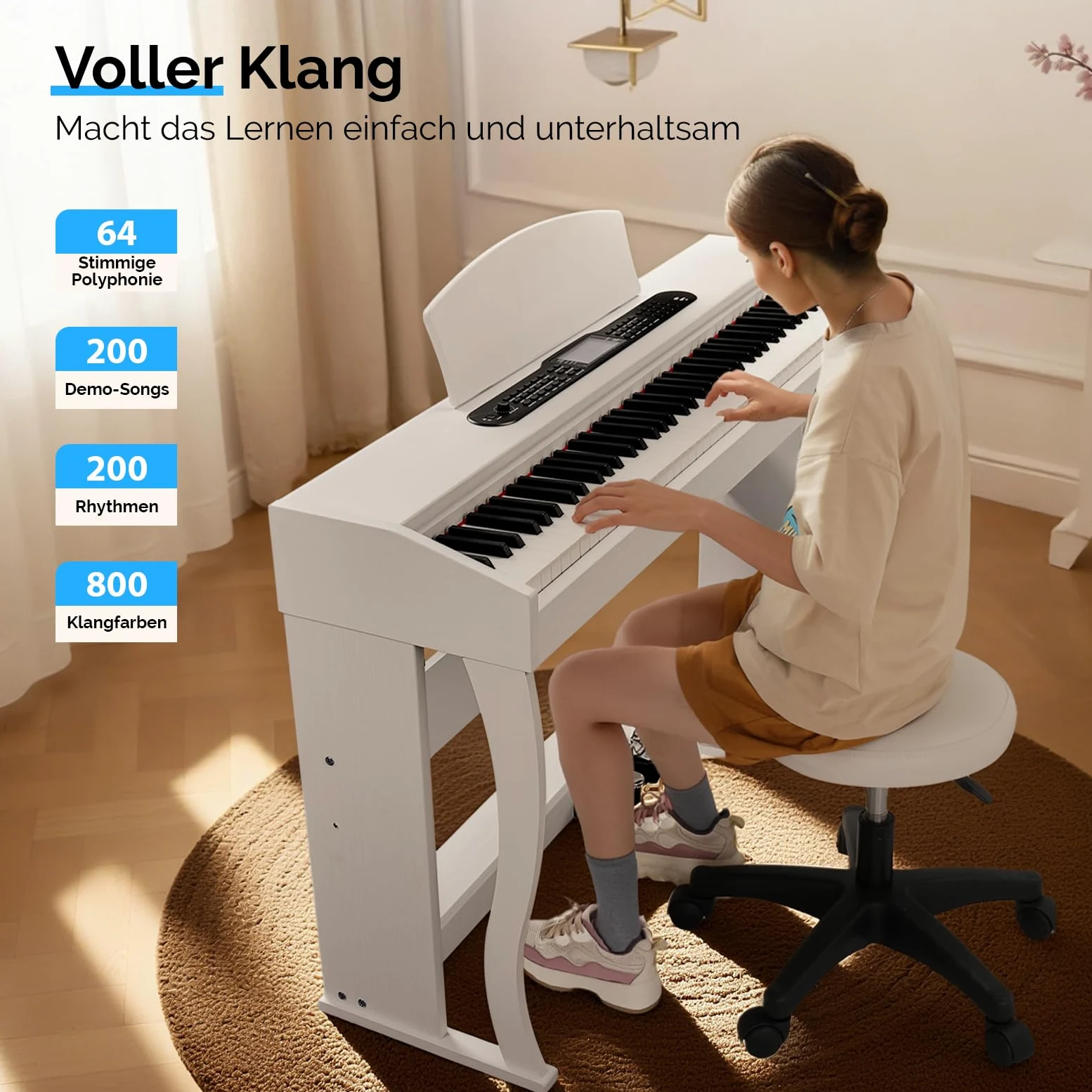 Bonnlo Pianofono digitale con 88 tasti ponderati, tastiera a 3 pedali per principianti, USB MIDI, doppio Bluetooth, display LCD, altoparlanti stereo, 800 suoni e 200 ritmi, bianco