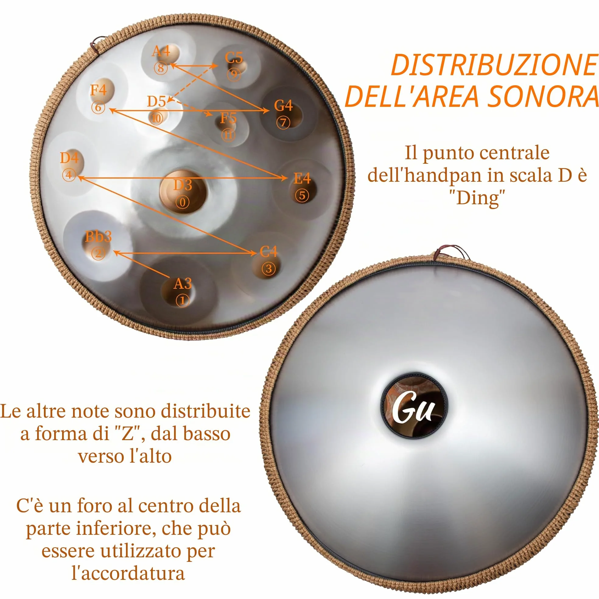 Handpan 440 HZ Avanzato, Hand Pan 12 Note 22 Pollici, Tamburo-Acciaio in D Minore, Tamburo a Mano con Borsa per Trasporto e Supporto, Steel Drum per Sound Healing, Meditazione, Argento