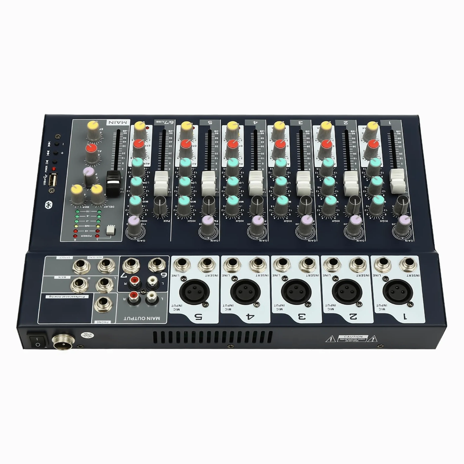 Mixer professionale, console di miscelazione stereo a 7 canali, mixer live professionale con USB Bluetooth, DJ Audio Mixer Console per karaoke, cantare, Home KTV, studi di registrazione, streaming