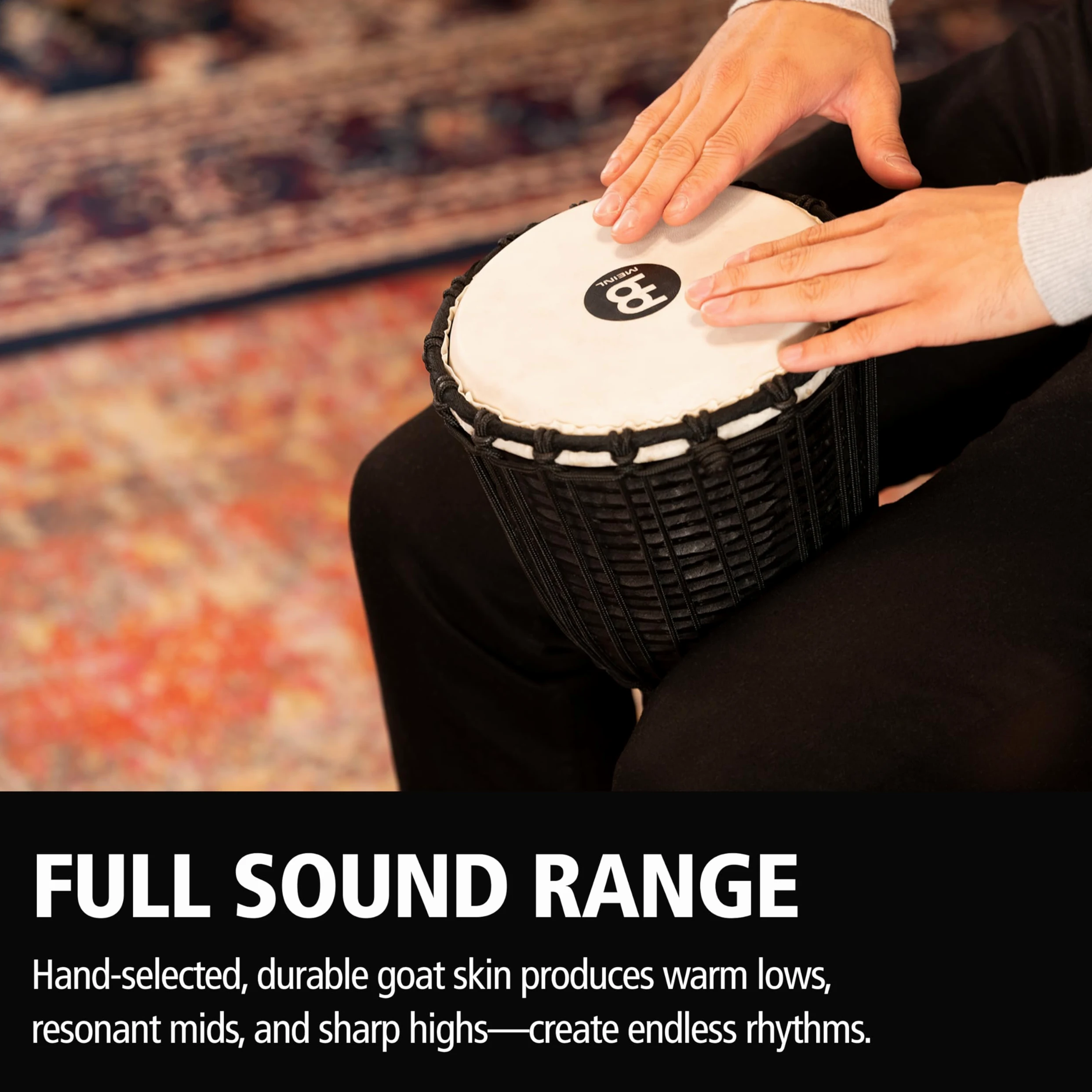 Meinl Percussion HDJ3-S, Djembe in legno, Serie Headliner/Black River, Tiraggio a Corde, Diametro 8", 20.32 cm, Misura S, Nero