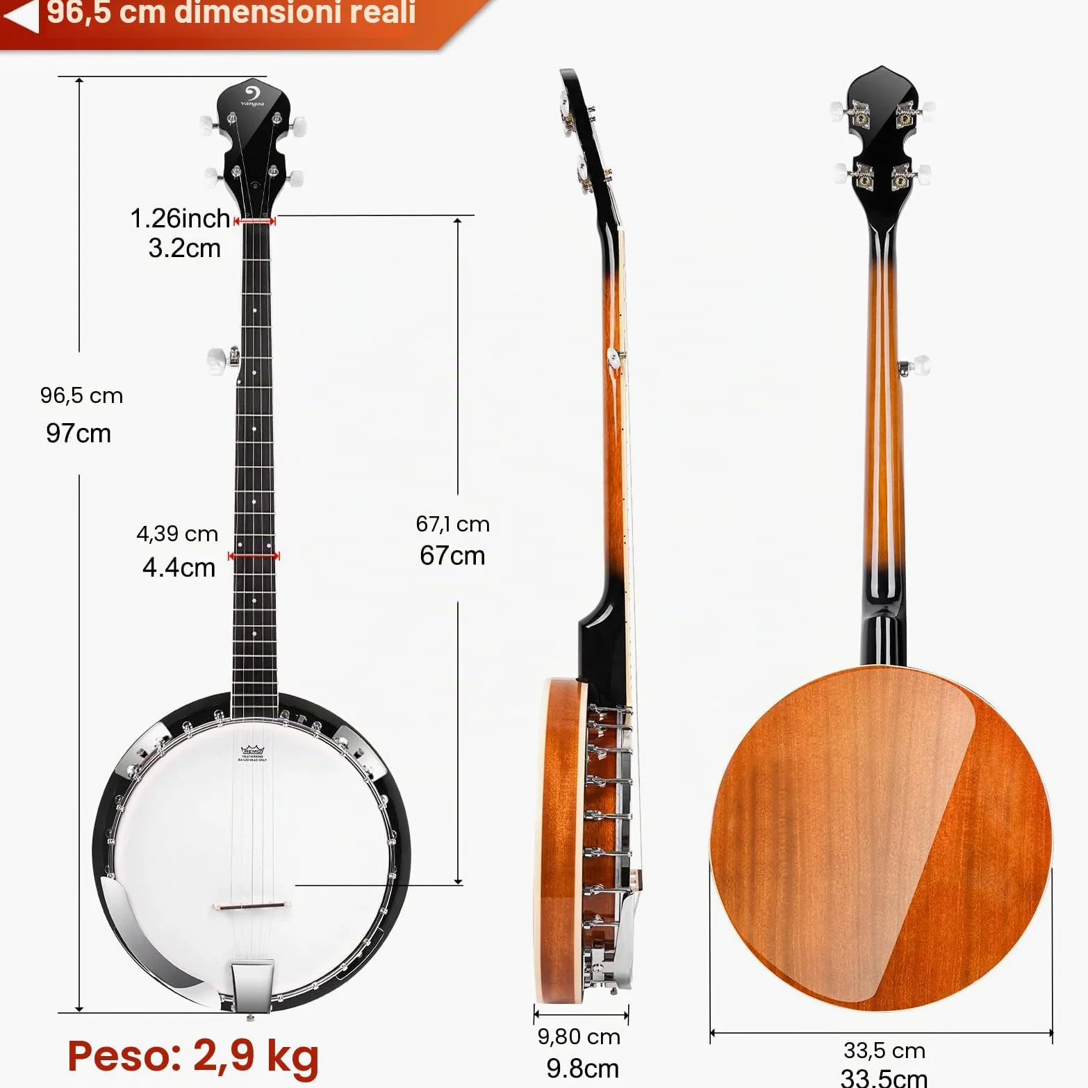 Vangoa Banjo a 5 corde con Remo Testa Chiusa Indietro Solida Banjo con Kit per Principianti, Accordatore, Cinghia, Pick up, Archi, Plettri e Borsa