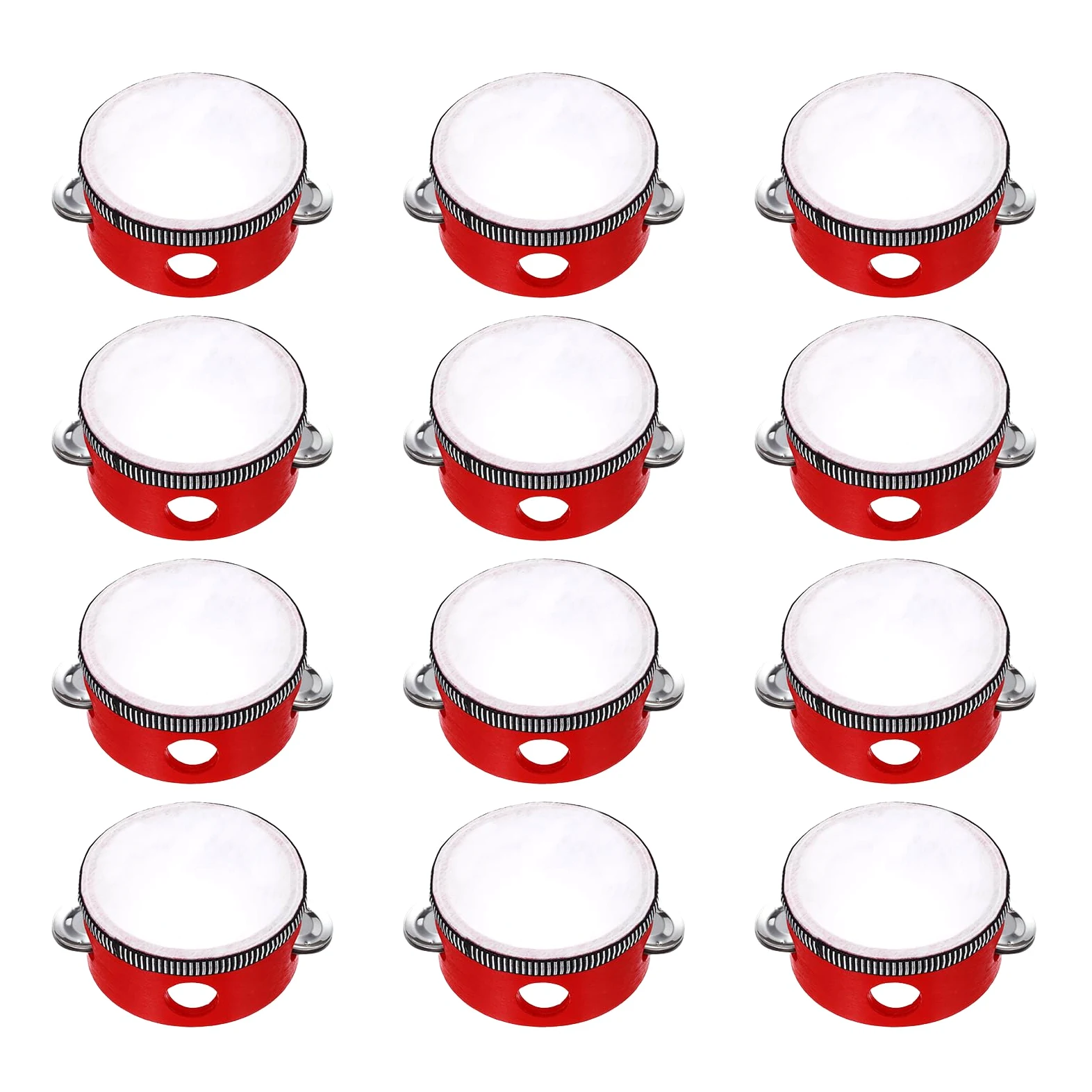 QUARKZMAN 12 Pcs Tamburello 4 Pollici Tamburo A Mano In Legno Con Jingles Metallici A Singola Riga Strumento Musicale A Percussione Per Adulti Matrimoni Chiesa Feste Giochi, Rosso