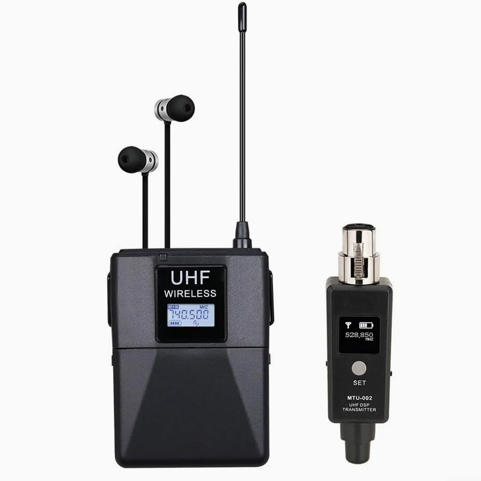 UHF - Sistema di monitor wireless in-ear con 20 canali, latenza < 5 ms per performance live e studio, audio HiFi 20 Hz-20 kHz, alloggiamento in ABS+metallo, compatto per cantanti e presentatori, nero