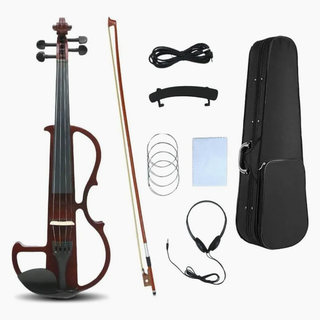 Violino elettrico 4/4 intero silenzioso in legno massello con accessori in ebano, con custodia, arco, cuffie, cavo, corde per studenti, principianti e adulti (Rosso vino), EV8 presa jack