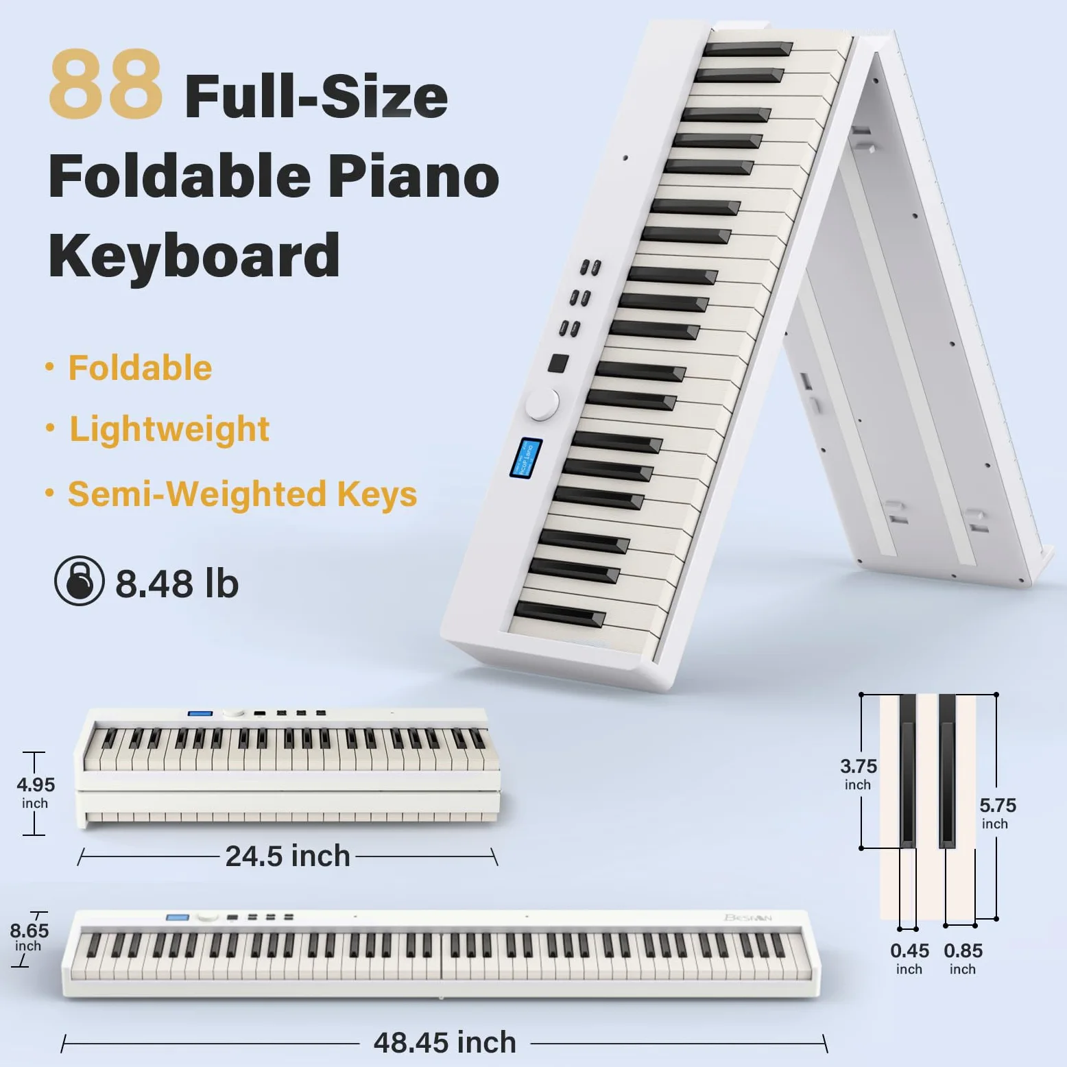 Tastiera a 88 tasti BSP-10F Pianoforte pieghevole portatile con tastiera semi-pesata, 128 toni, USB MIDI, pedale sustain, leggio per principianti, regalo per principianti, bianco