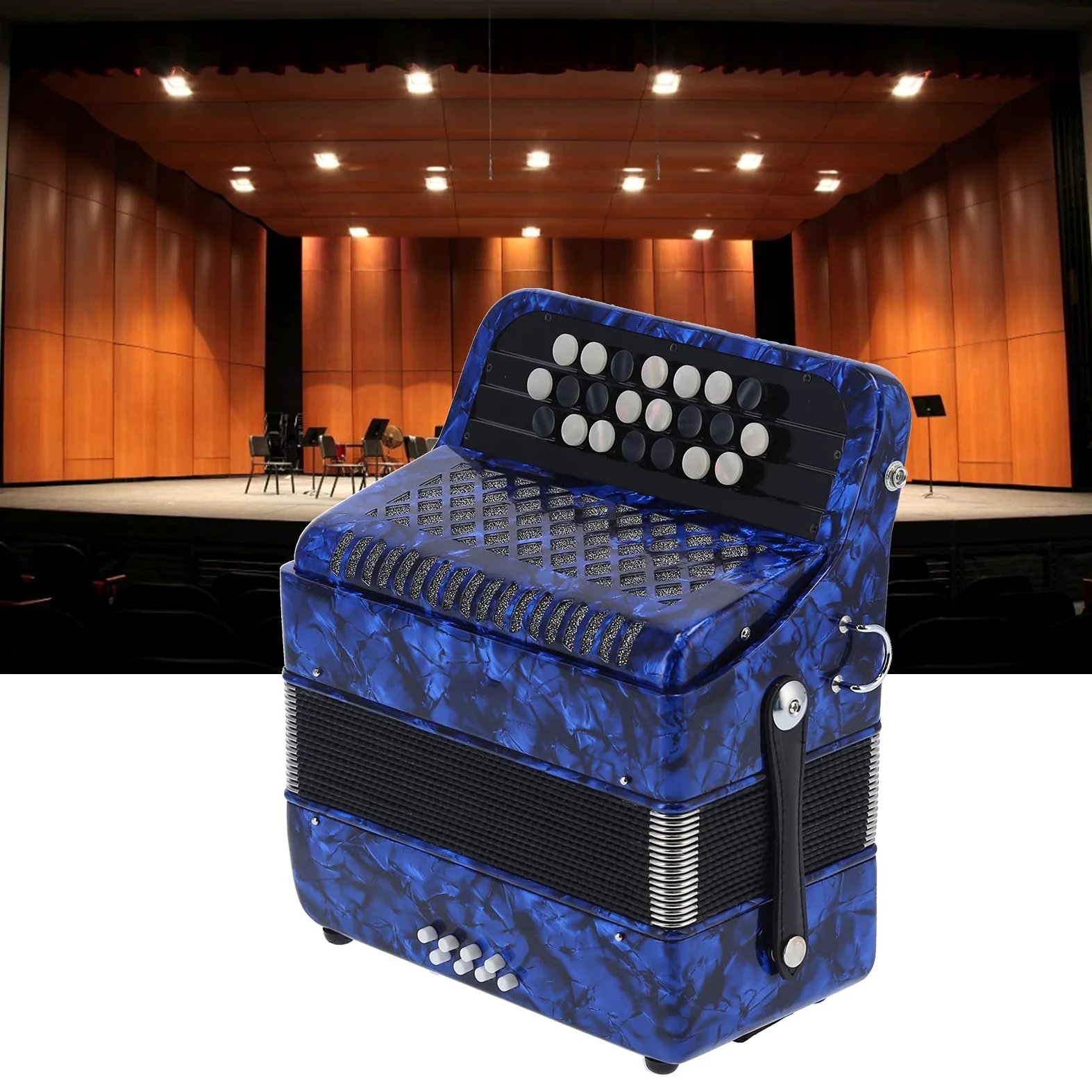Fisarmonica Professionale a 22 Tasti e 8 Bassi, Pulsante Rotondo Antiscivolo Bianco e Nero, ABS di Alta qualità, Legno, Metallo, con Zaino per Fisarmonica, per Principianti (blu