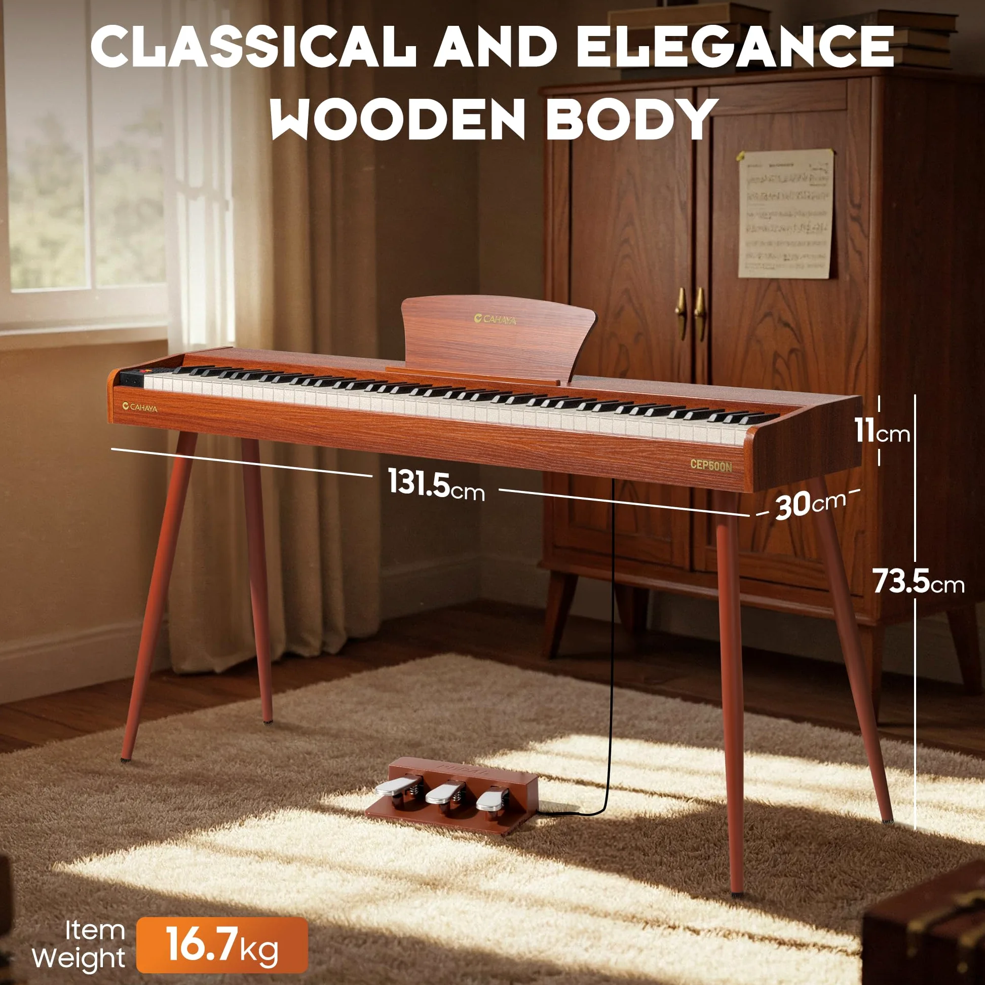 CAHAYA Pianoforte Digitale 88 Tasti – Piano Elettrico a Grandezza Naturale con Tasti Pesati, Corpo in Legno, 380 Suoni, Triplo Pedale per Principianti, Supporta USB-MIDI