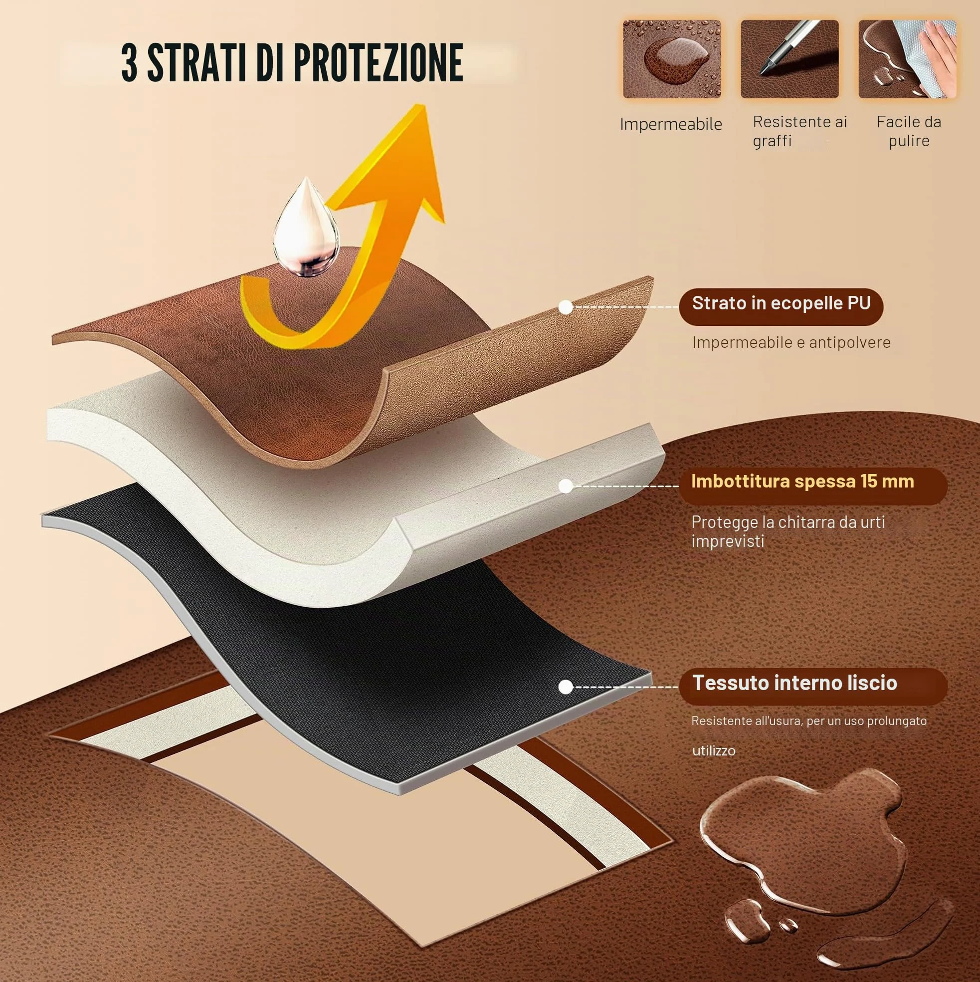 CAHAYA Custodia per Chitarra Acustica PU - Marrone Impermeabile con Imbottitura Traspirante 15 mm di Spessore - Doppia Cerniera